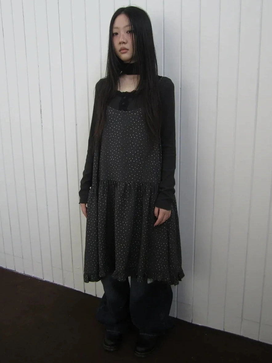 ang project Lightweight Polka Dot Print Layered Slip Dress V-neck T-shirt Long Sleeve Dresses