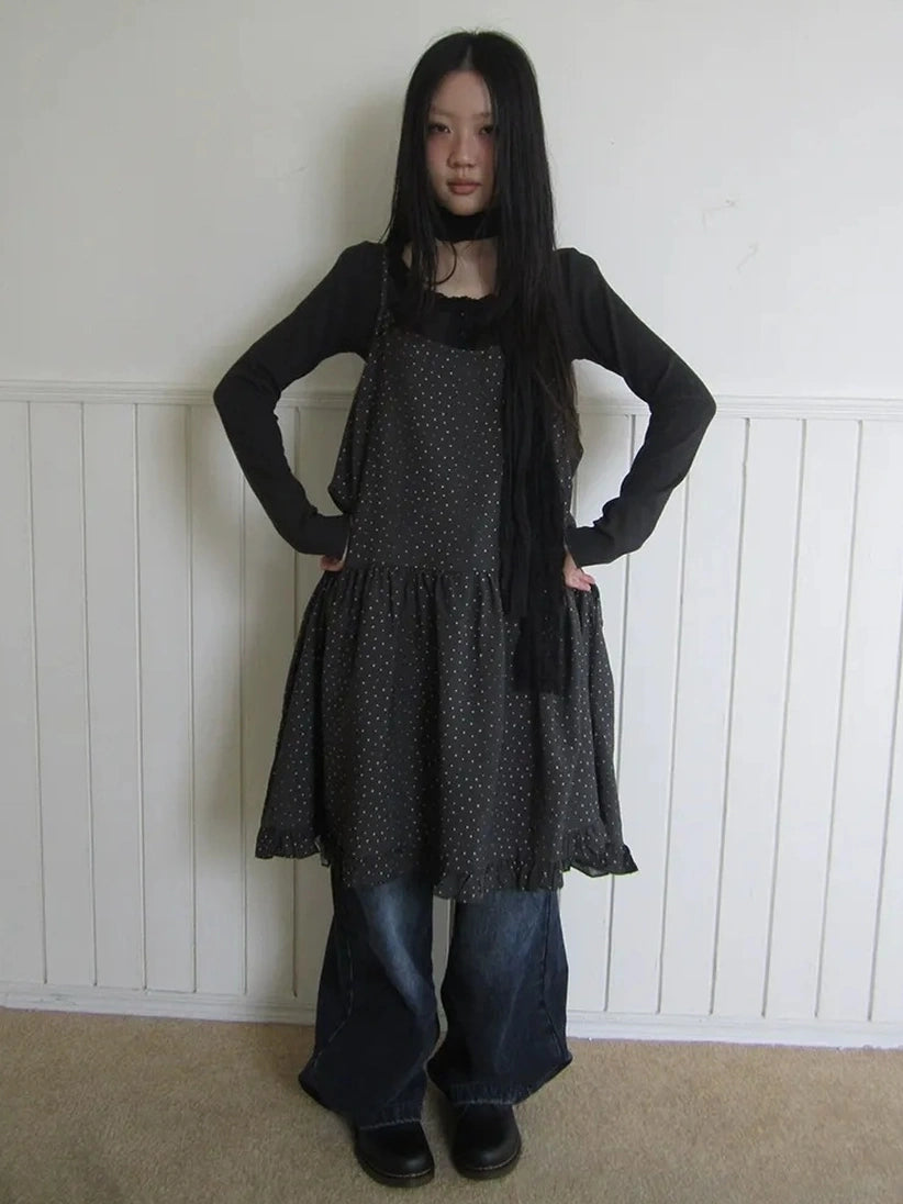 ang project Lightweight Polka Dot Print Layered Slip Dress V-neck T-shirt Long Sleeve Dresses