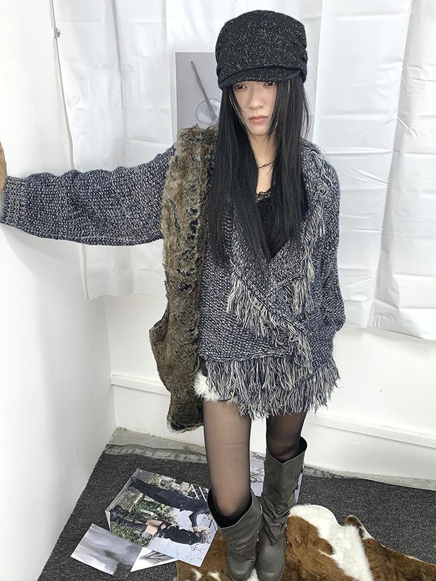 Updateang project Lightweight Tassel Cross Lapel Color Block Knit Cardigan