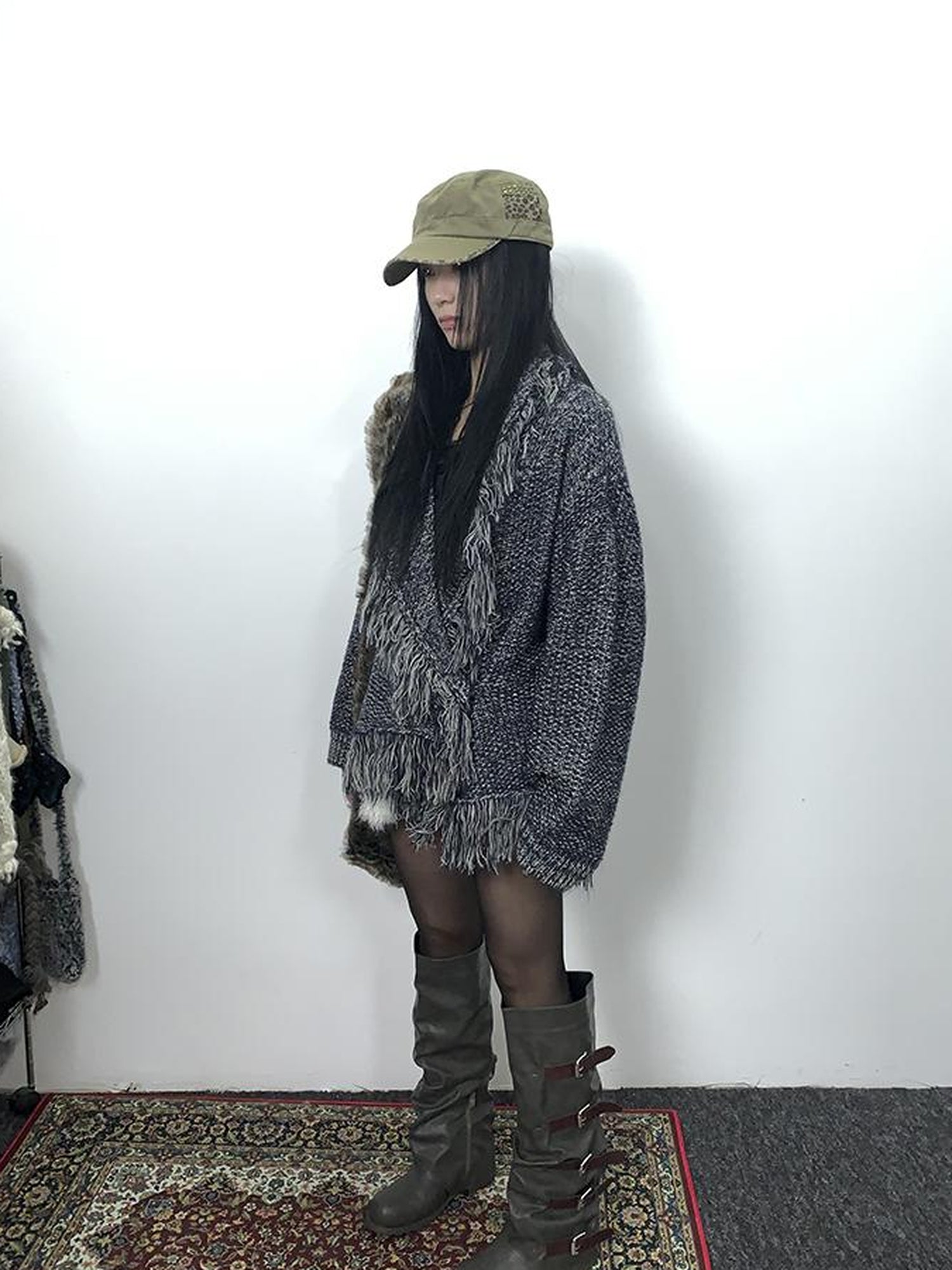 Updateang project Lightweight Tassel Cross Lapel Color Block Knit Cardigan