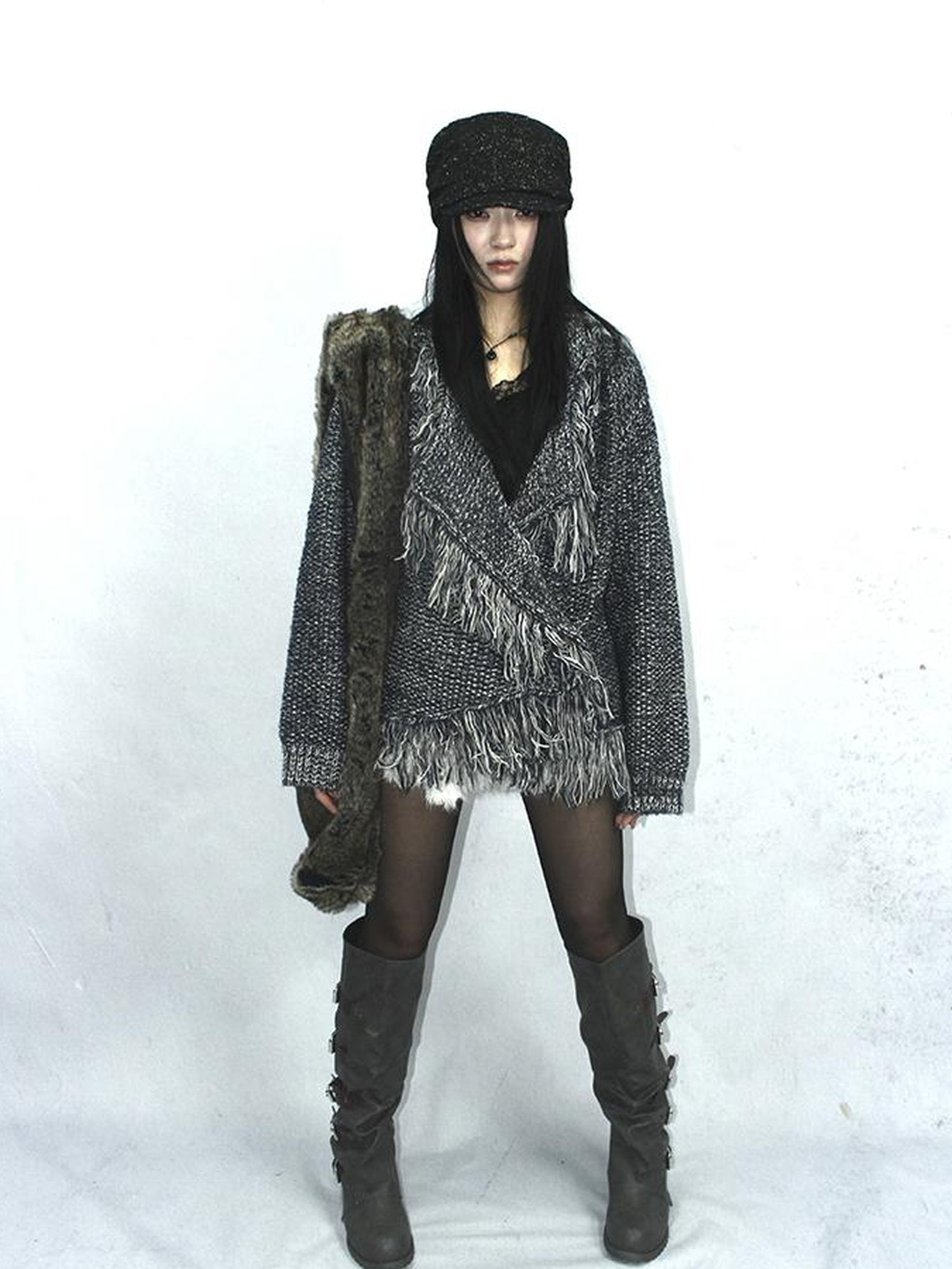 Updateang project Lightweight Tassel Cross Lapel Color Block Knit Cardigan
