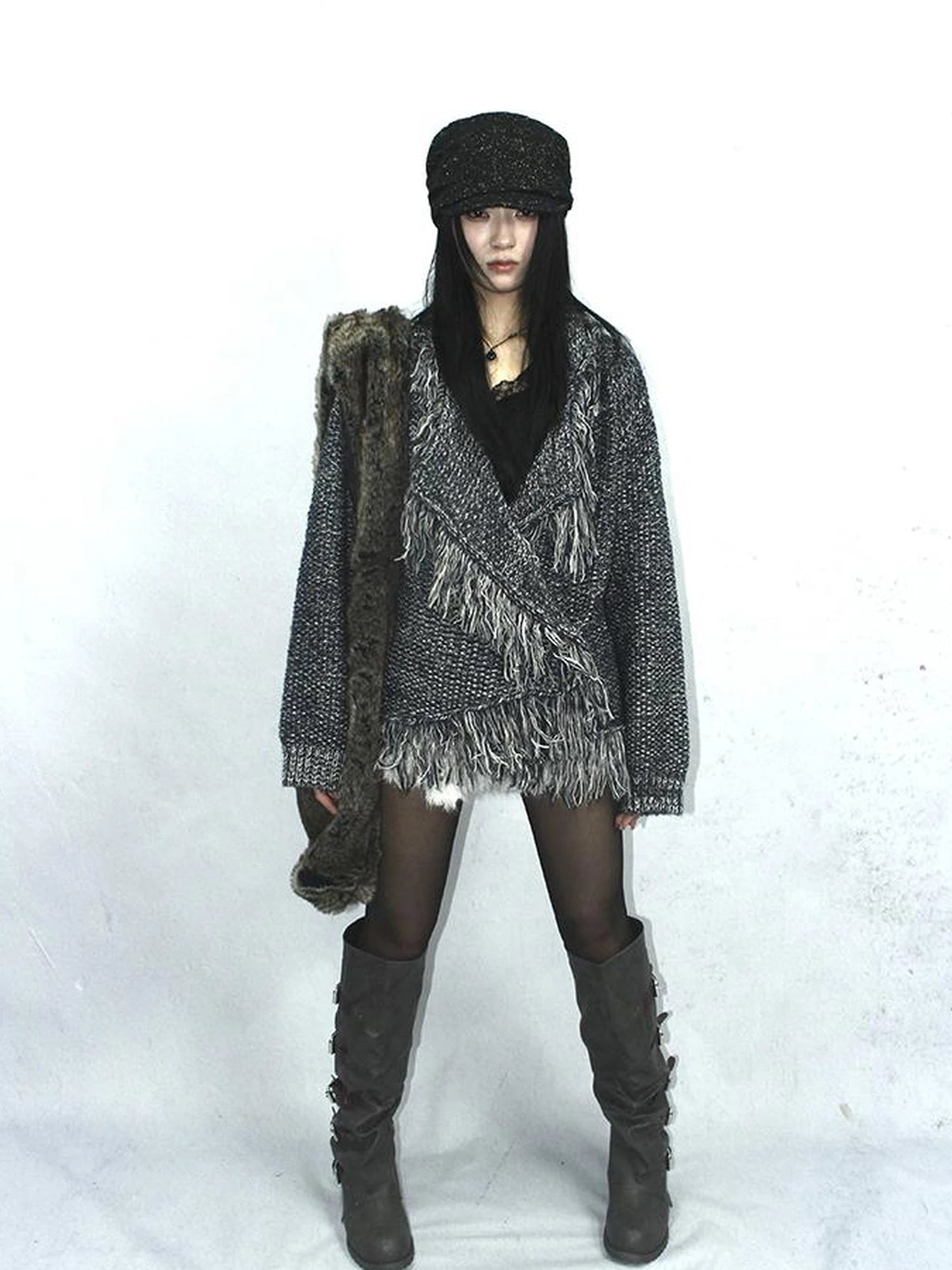 Lightweight Tassel Cross Lapel Color Block Knit Cardigan