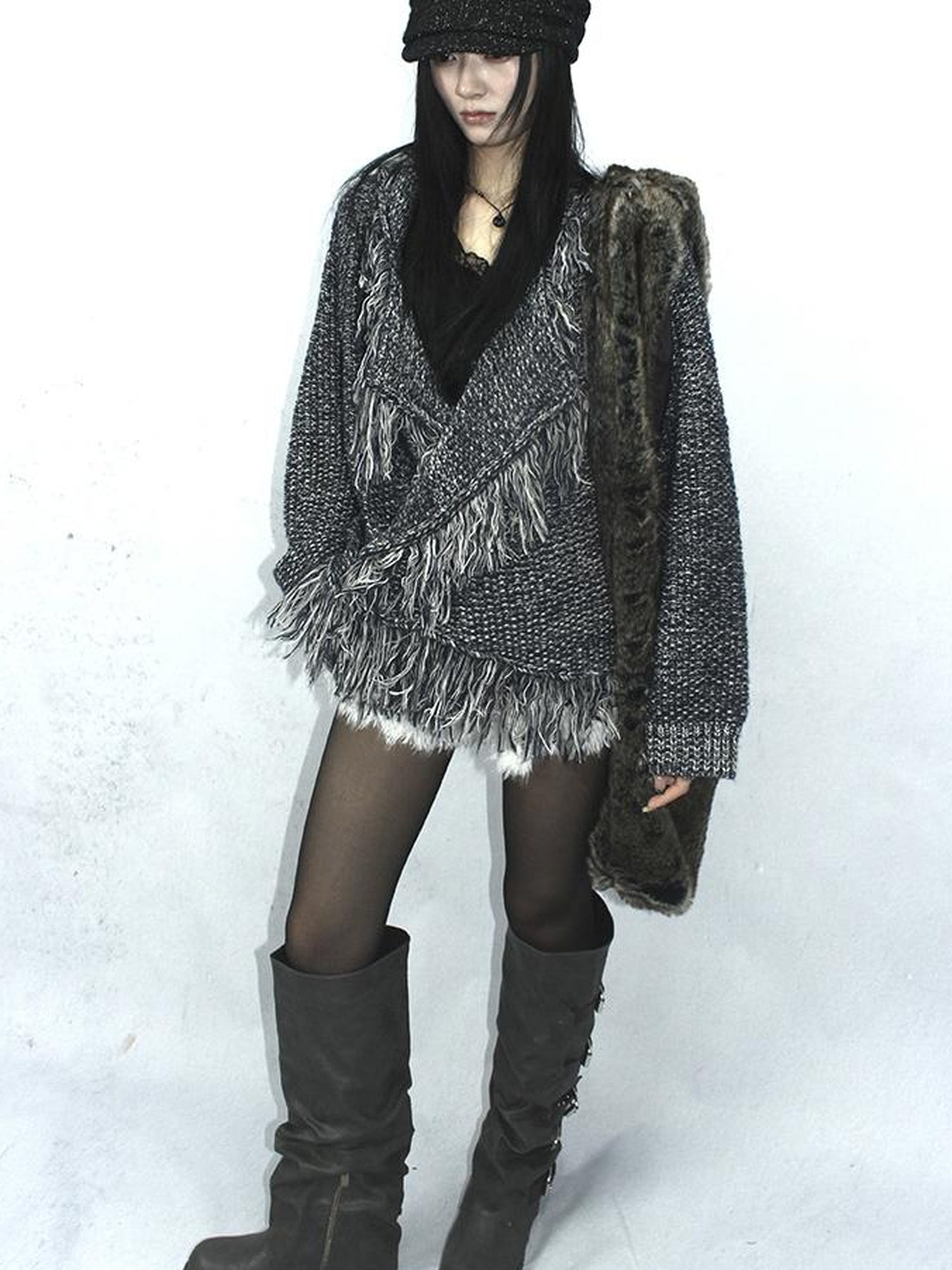 Updateang project Lightweight Tassel Cross Lapel Color Block Knit Cardigan