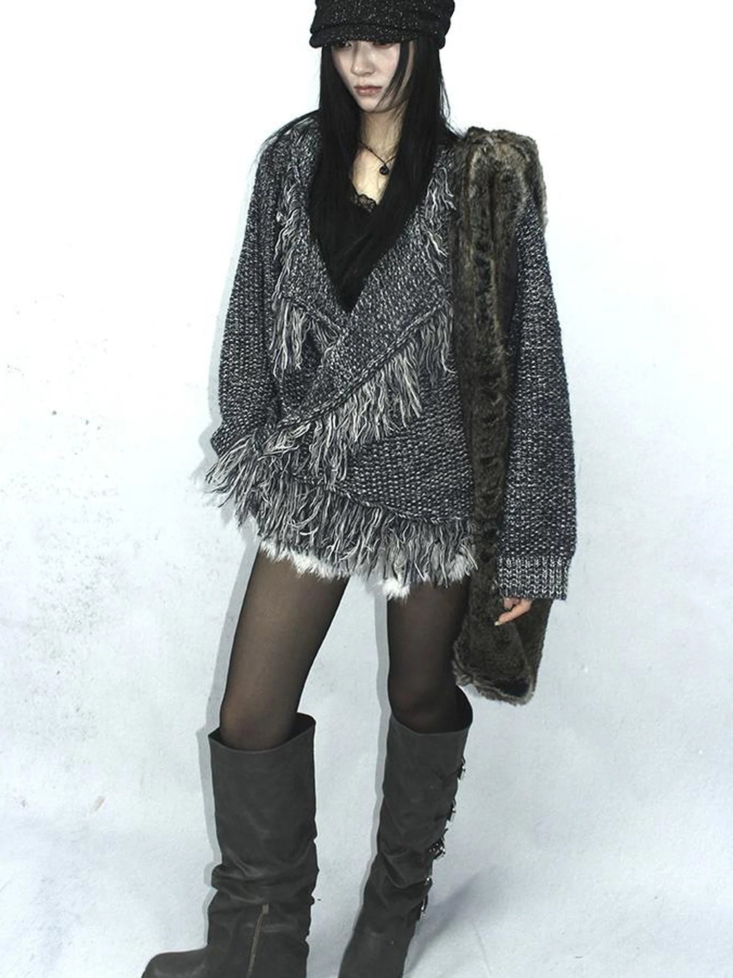 Lightweight Tassel Cross Lapel Color Block Knit Cardigan