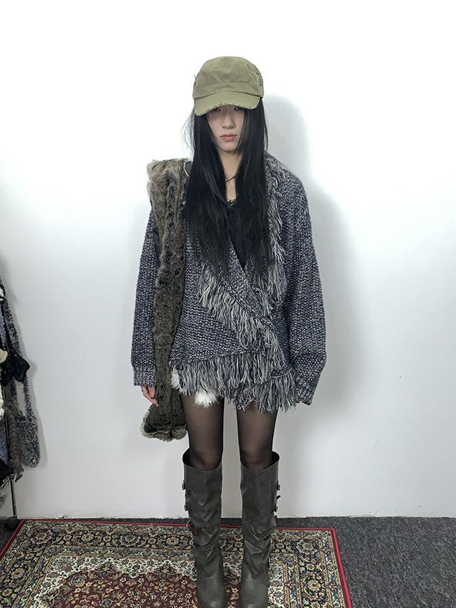 Updateang project Lightweight Tassel Cross Lapel Color Block Knit Cardigan