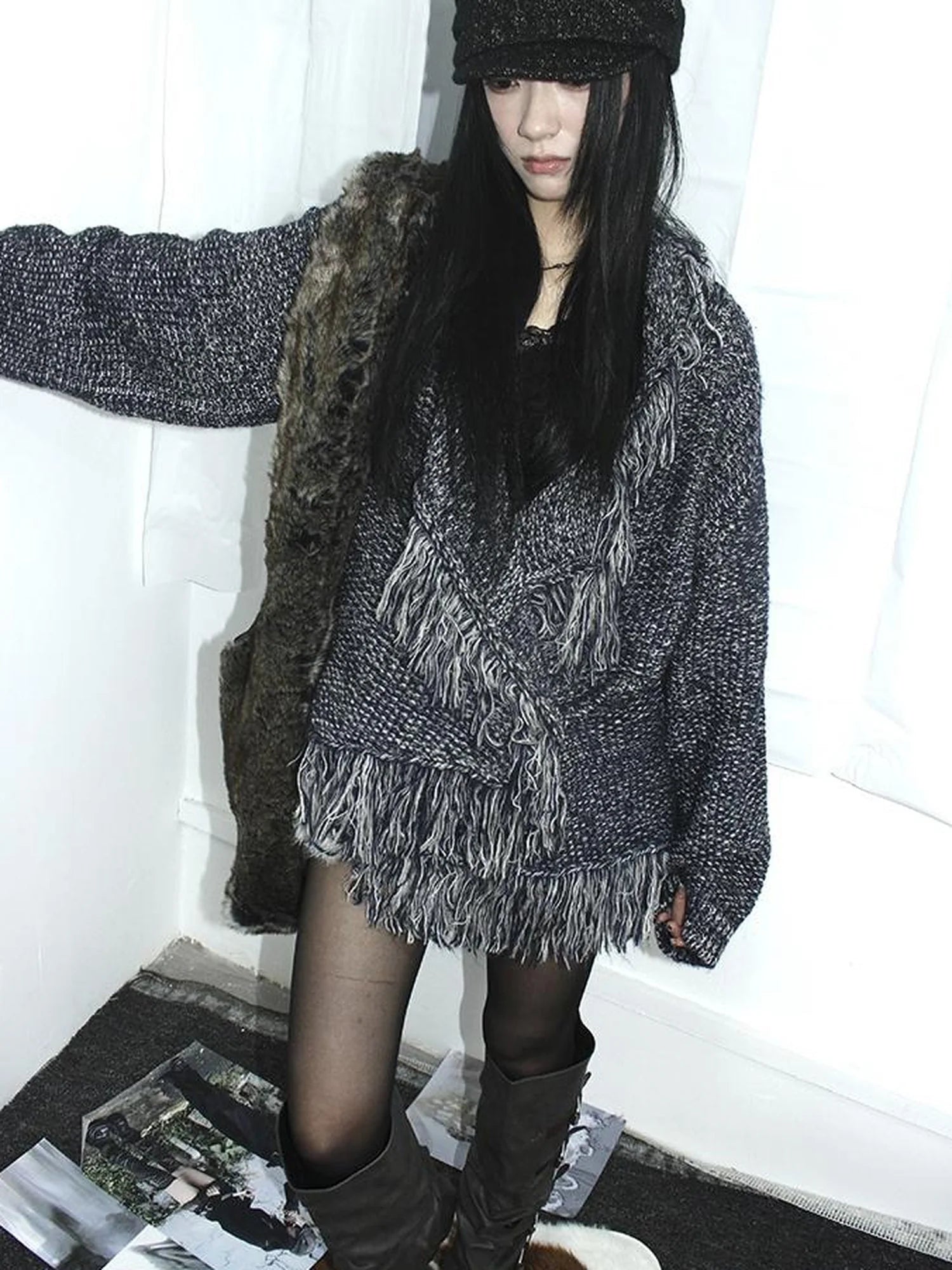 Lightweight Tassel Cross Lapel Color Block Knit Cardigan