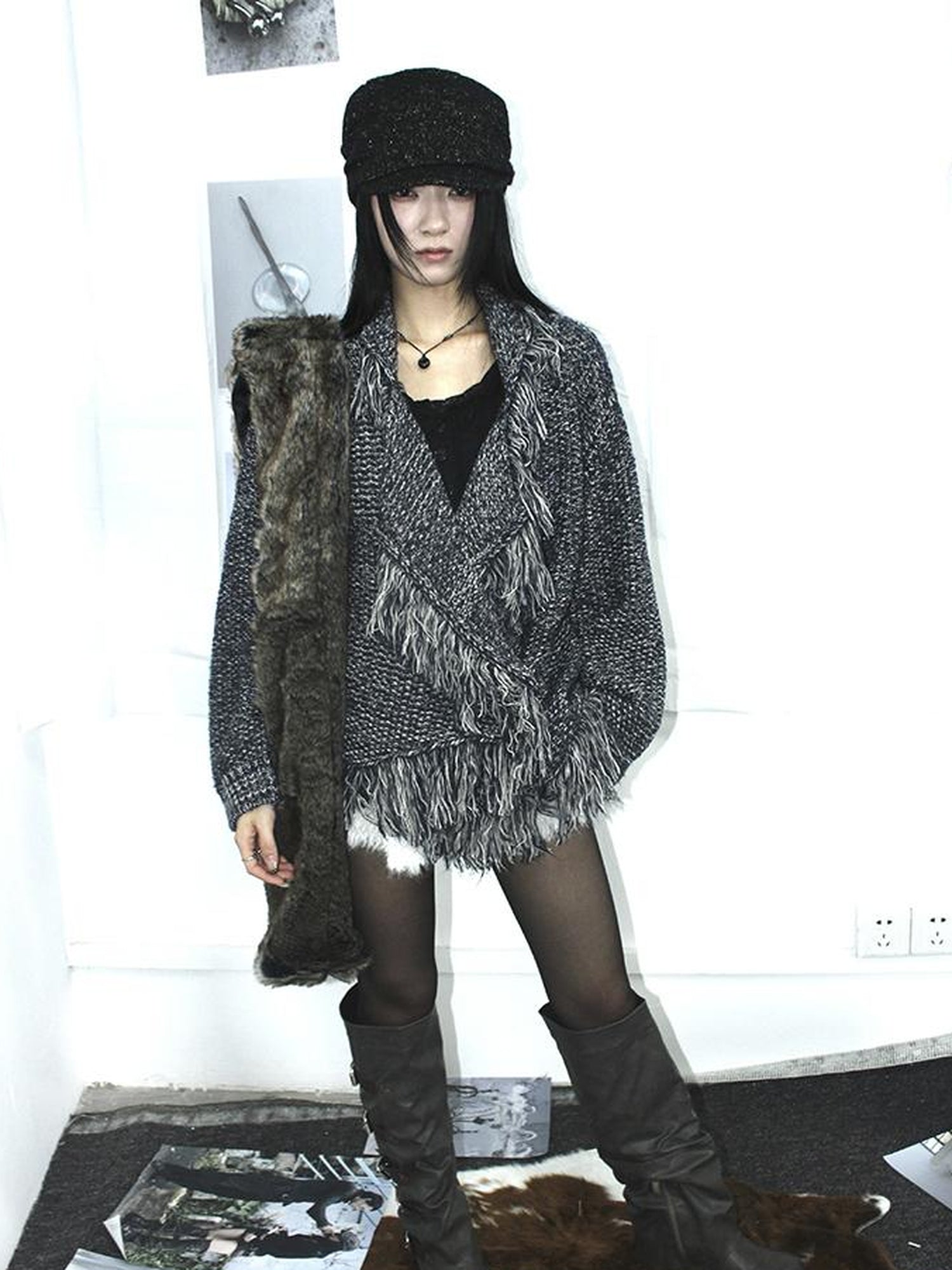 Updateang project Lightweight Tassel Cross Lapel Color Block Knit Cardigan