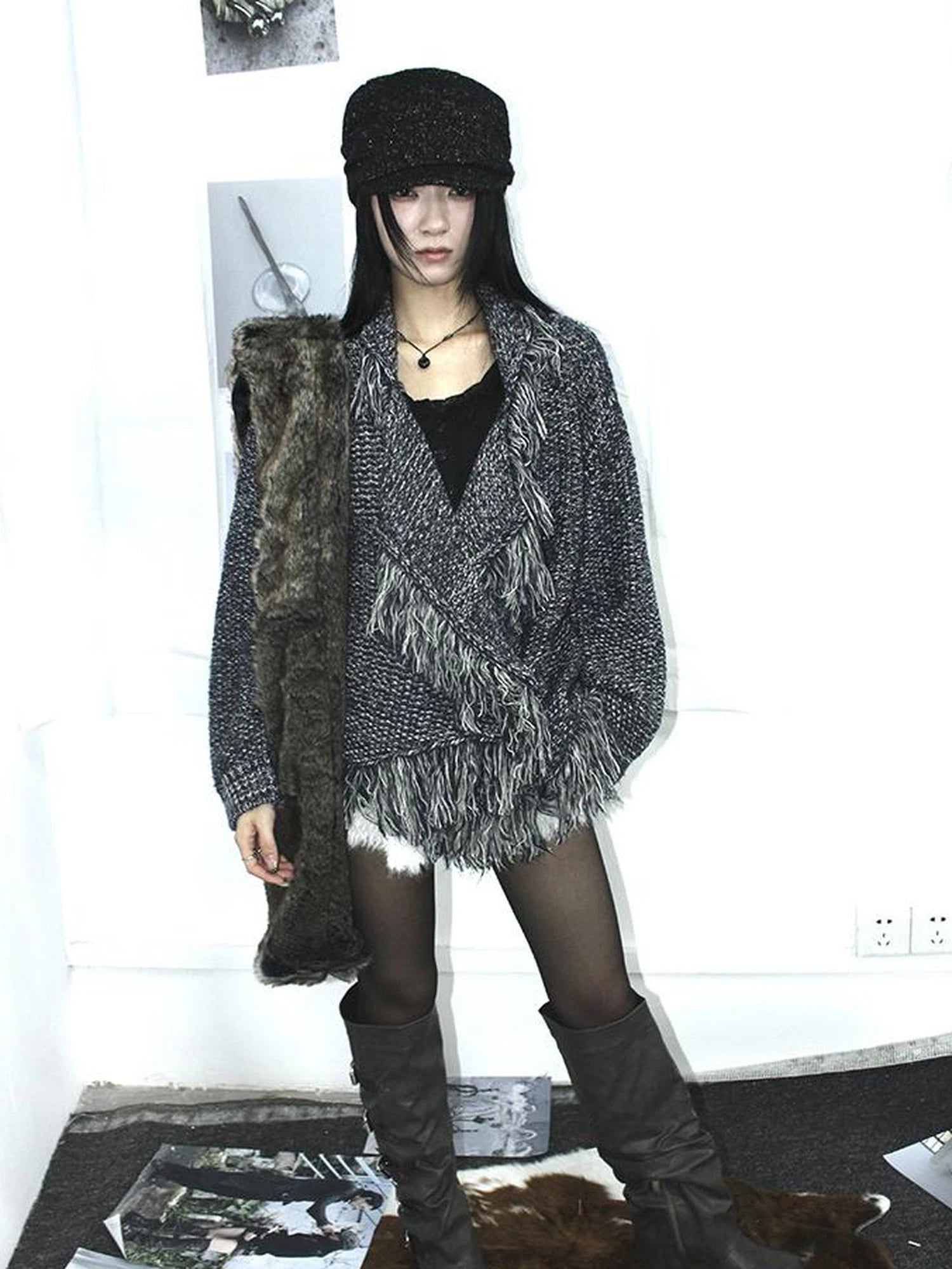 Lightweight Tassel Cross Lapel Color Block Knit Cardigan