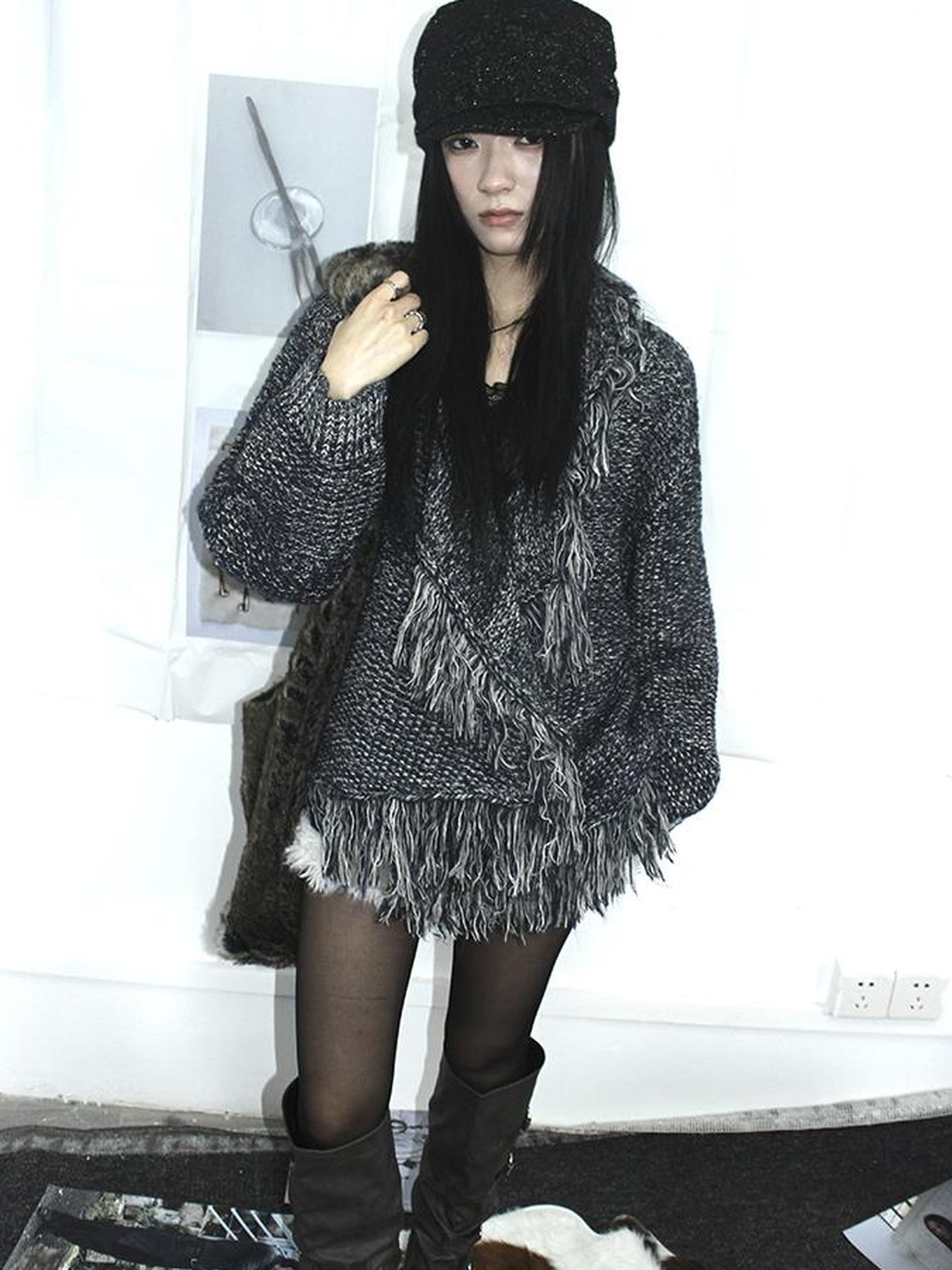 Updateang project Lightweight Tassel Cross Lapel Color Block Knit Cardigan