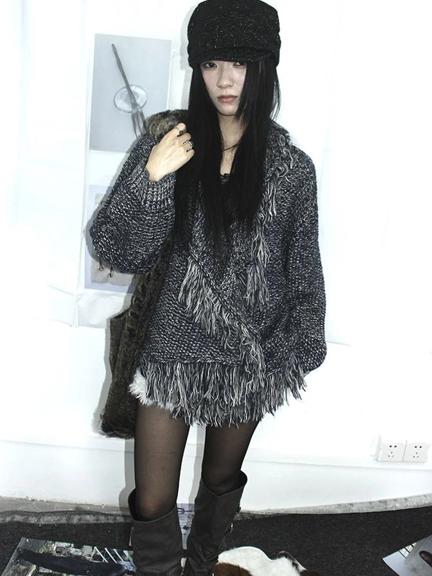Lightweight Tassel Cross Lapel Color Block Knit Cardigan