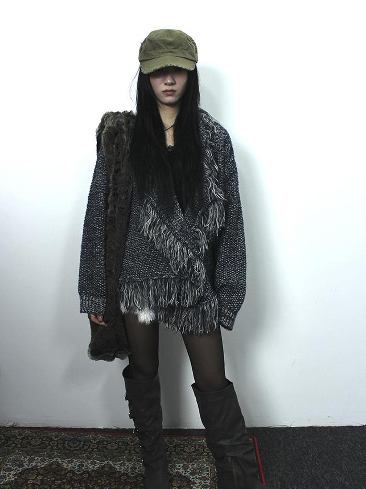 Updateang project Lightweight Tassel Cross Lapel Color Block Knit Cardigan