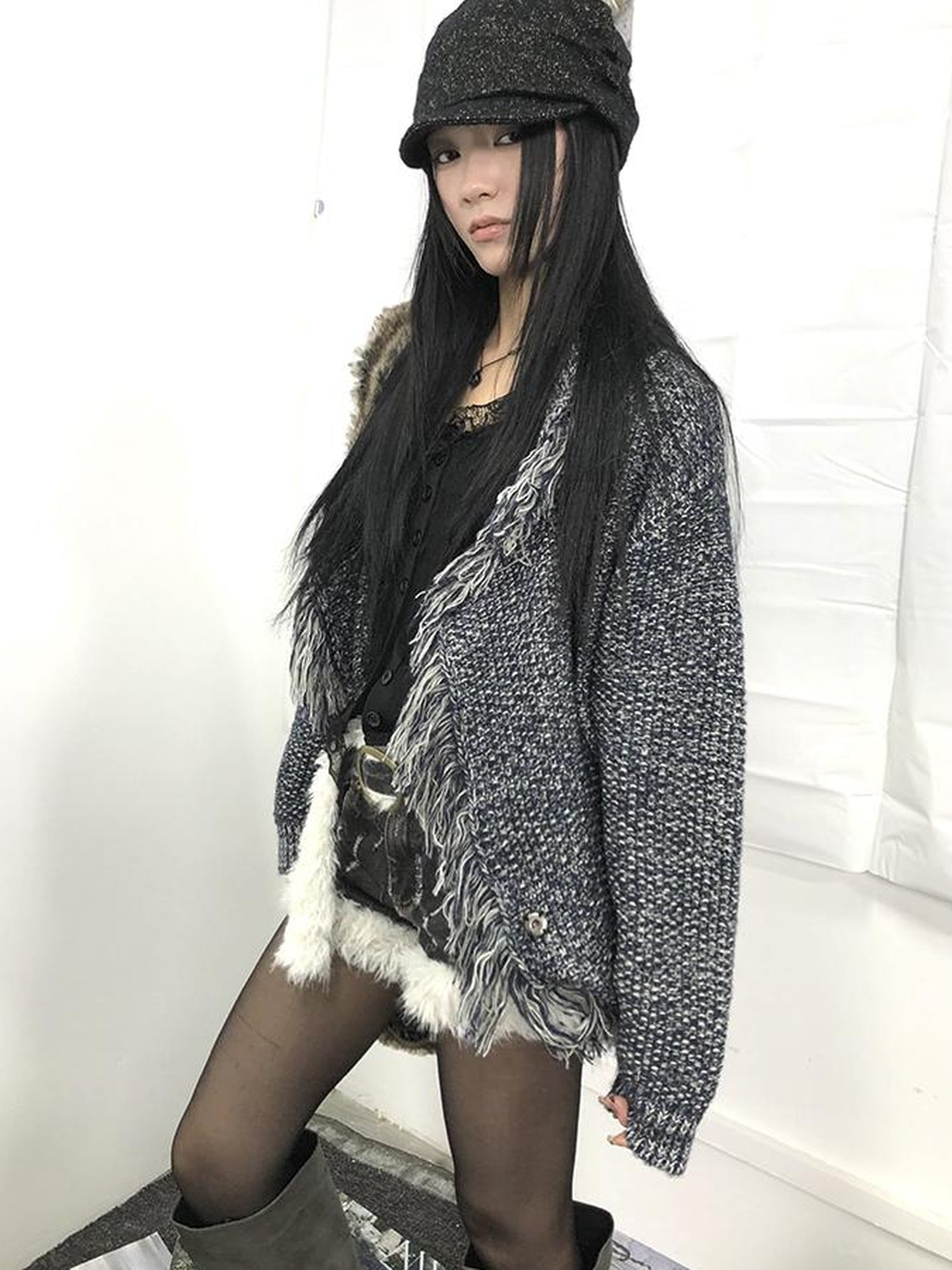 Updateang project Lightweight Tassel Cross Lapel Color Block Knit Cardigan