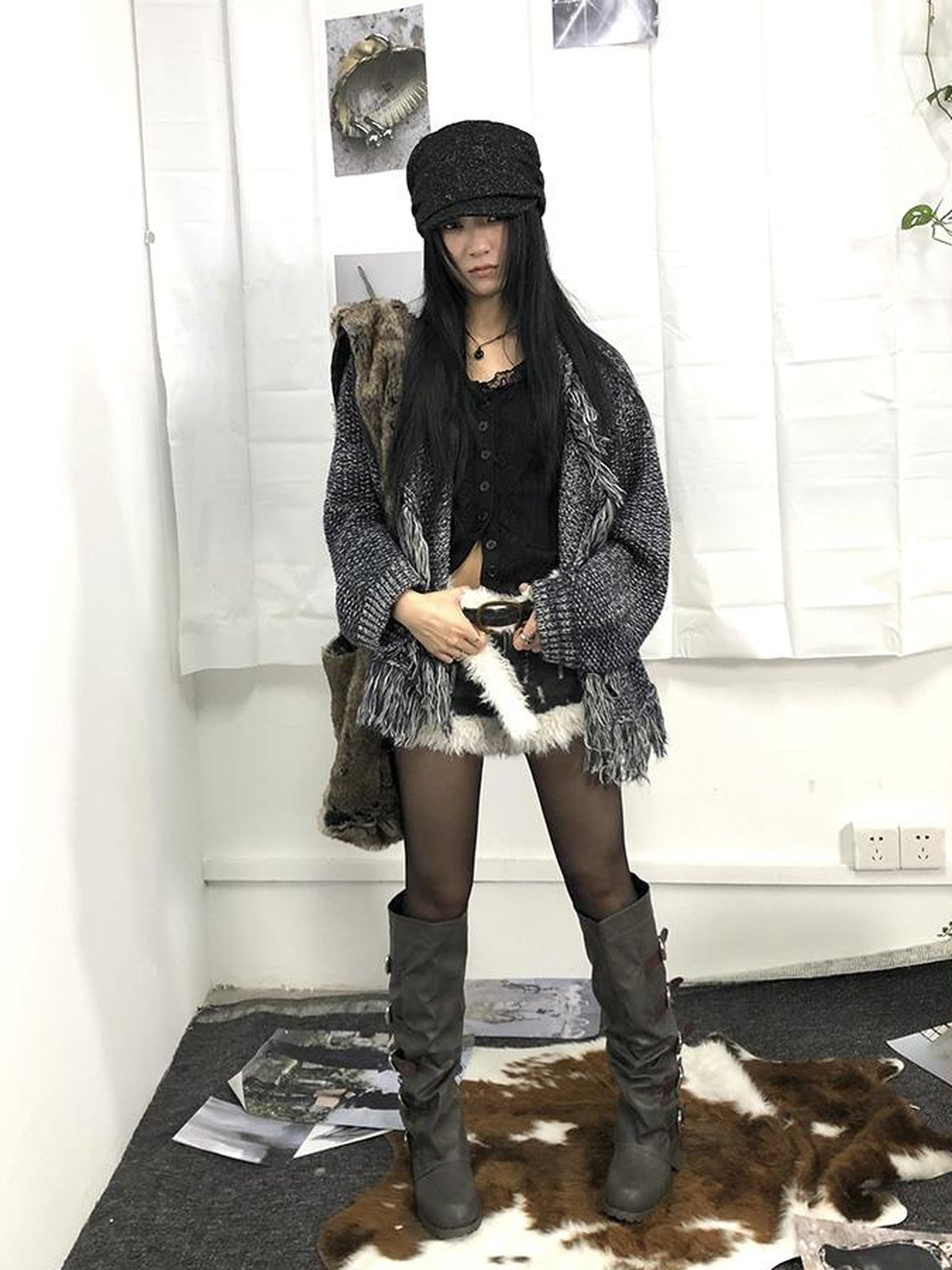 Updateang project Lightweight Tassel Cross Lapel Color Block Knit Cardigan