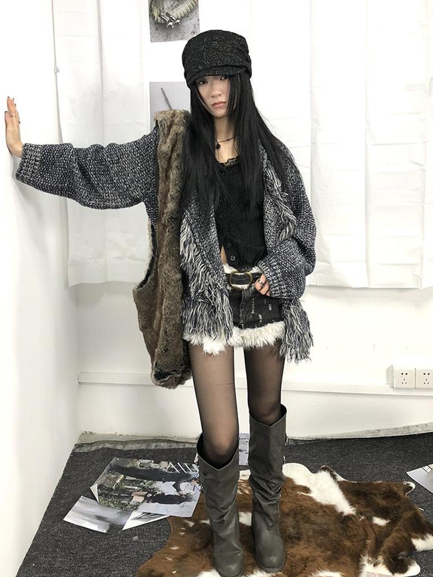 Updateang project Lightweight Tassel Cross Lapel Color Block Knit Cardigan