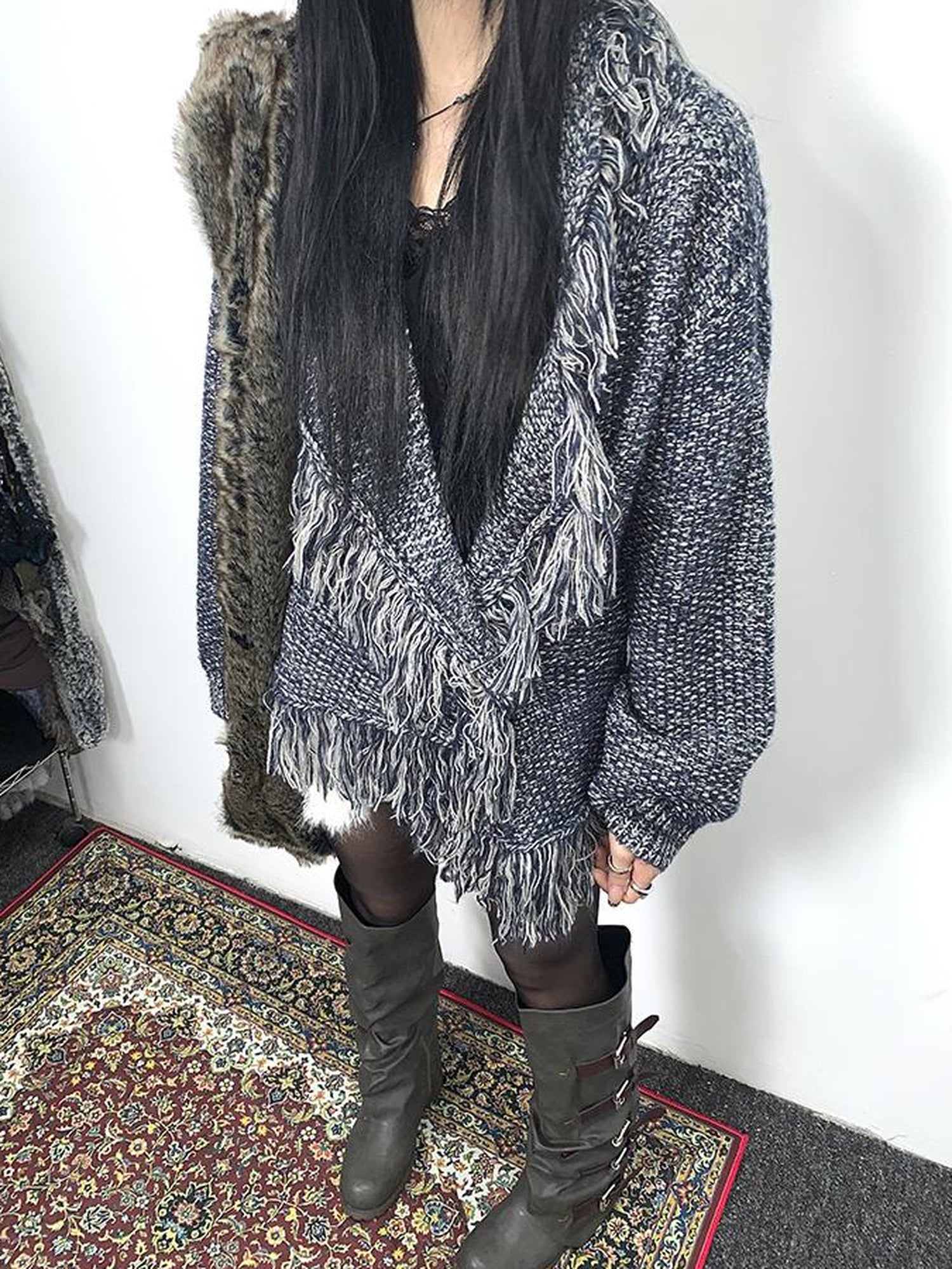 Updateang project Lightweight Tassel Cross Lapel Color Block Knit Cardigan