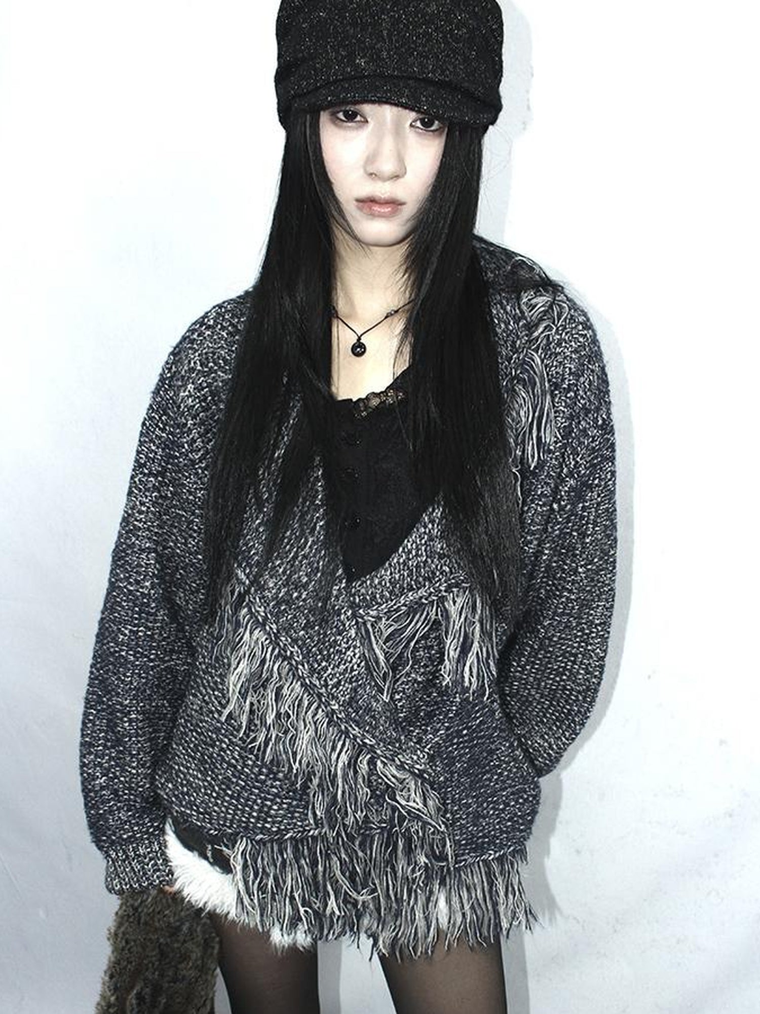 Updateang project Lightweight Tassel Cross Lapel Color Block Knit Cardigan