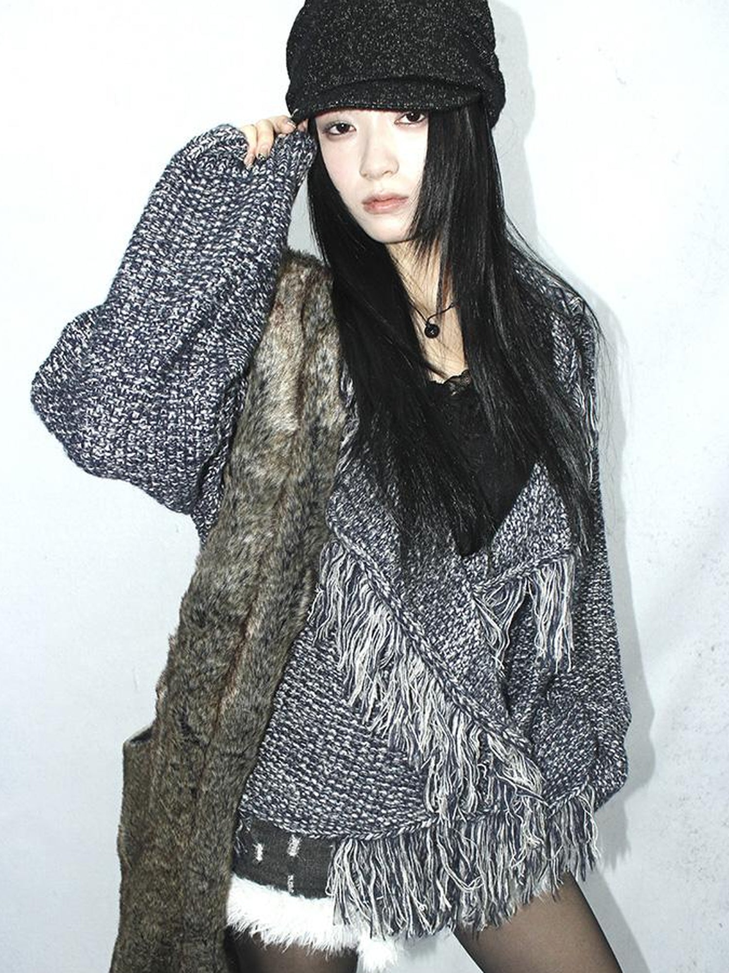 Updateang project Lightweight Tassel Cross Lapel Color Block Knit Cardigan
