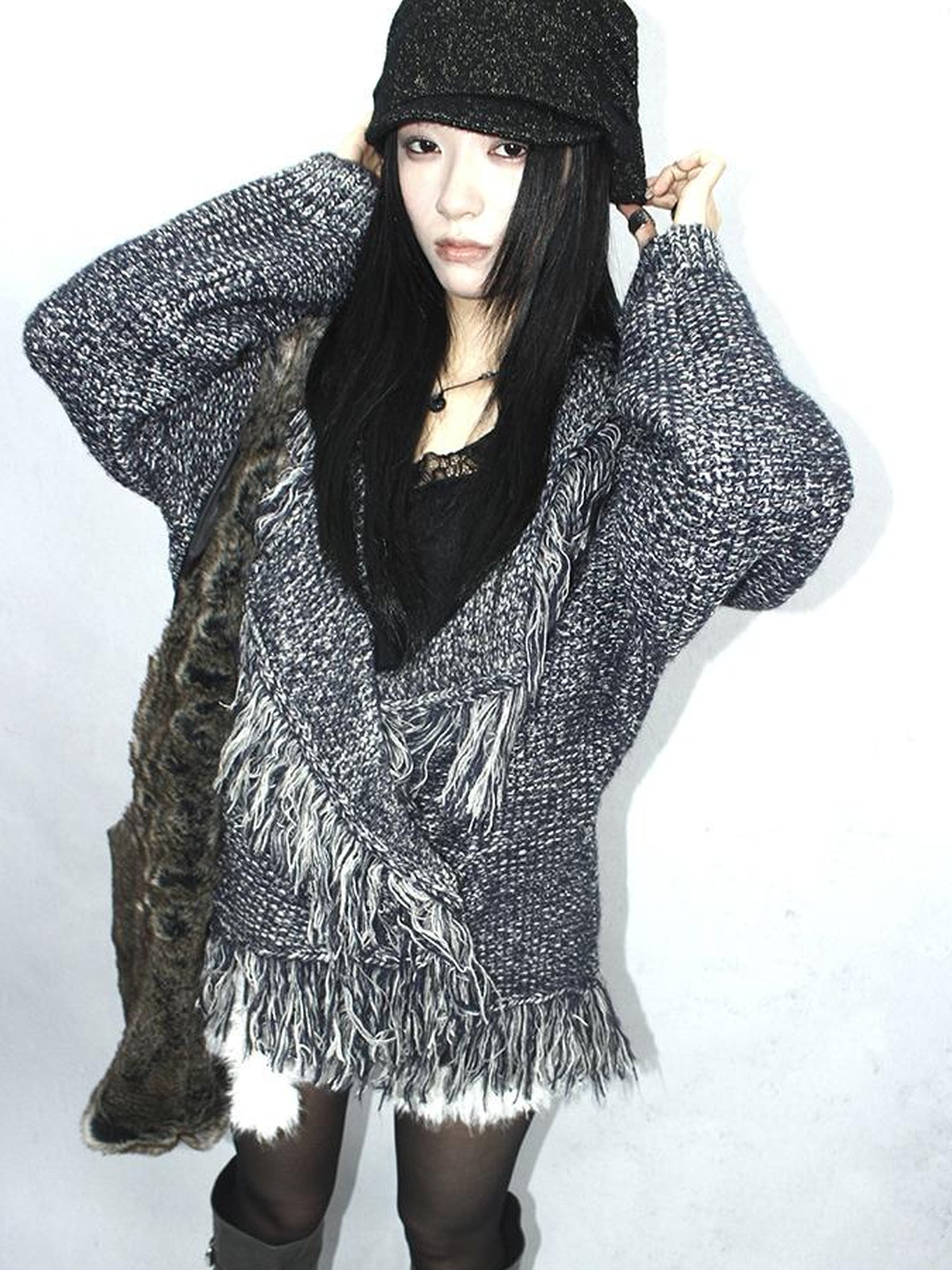 Updateang project Lightweight Tassel Cross Lapel Color Block Knit Cardigan