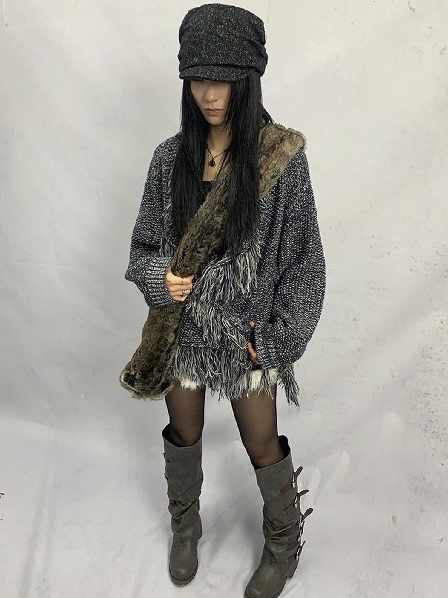 Updateang project Lightweight Tassel Cross Lapel Color Block Knit Cardigan