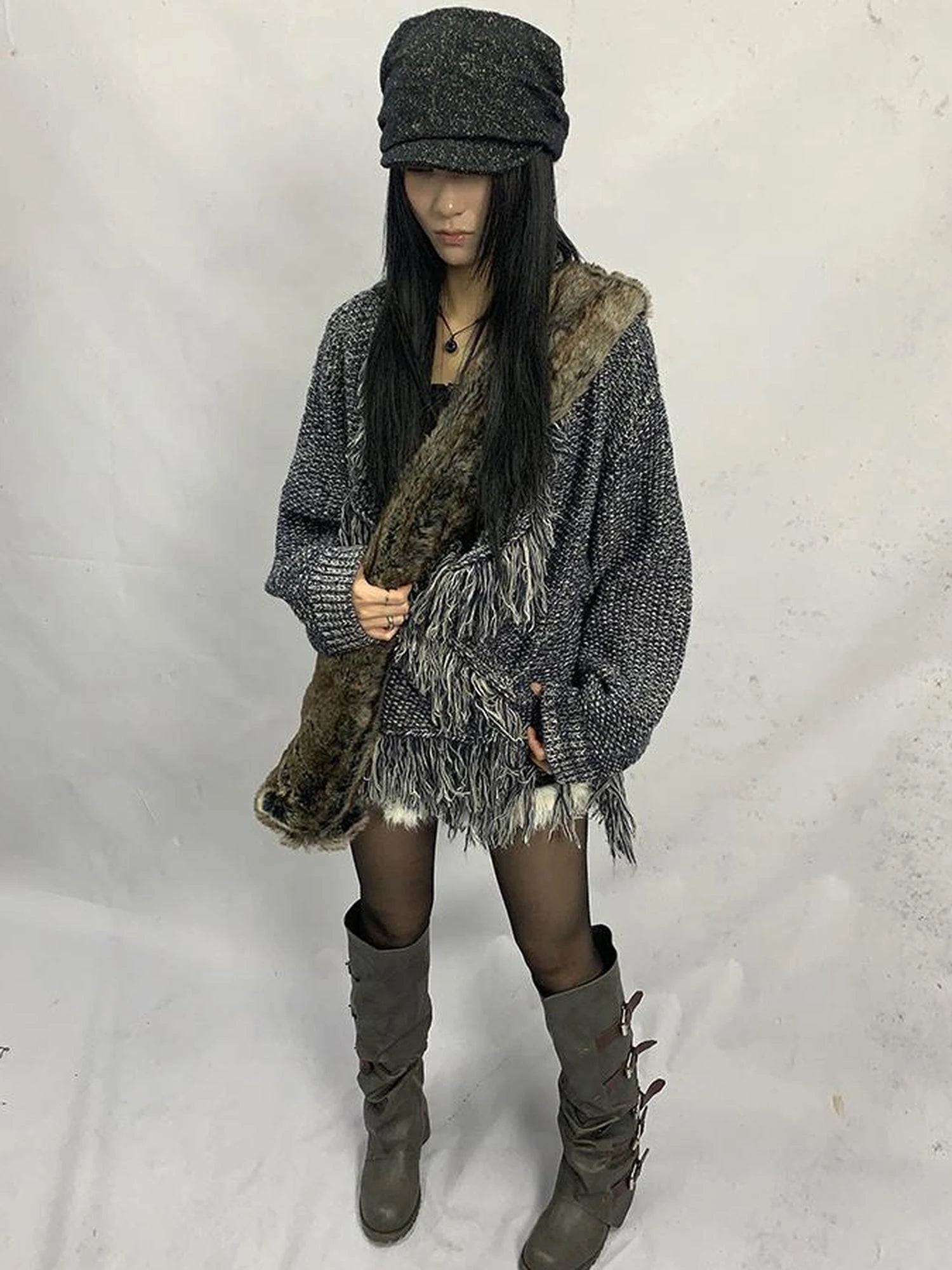 Lightweight Tassel Cross Lapel Color Block Knit Cardigan