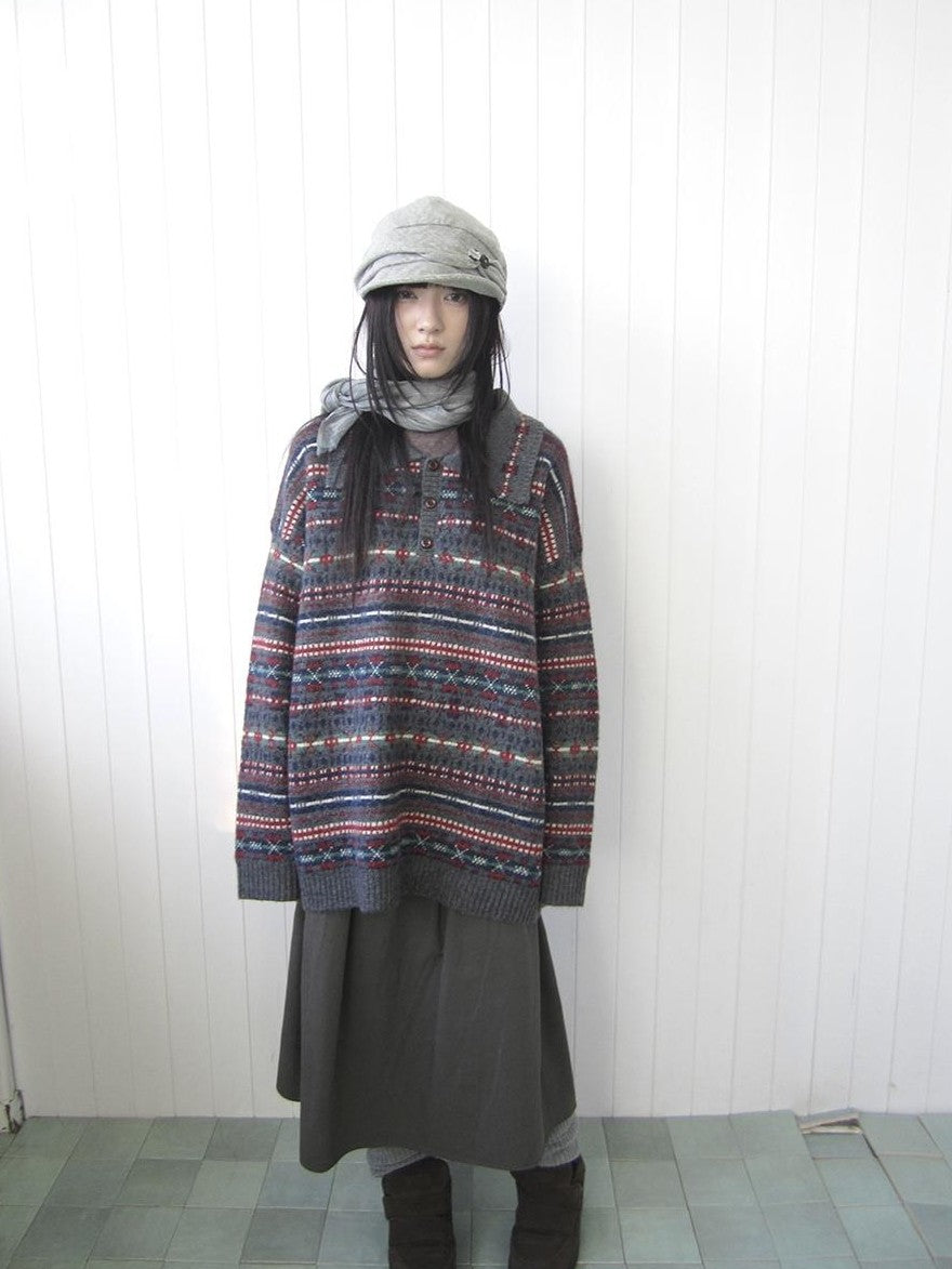 ang project Loose Fit Fair Isle Jacquard Striped Polo Collar Long Sleeve Women&