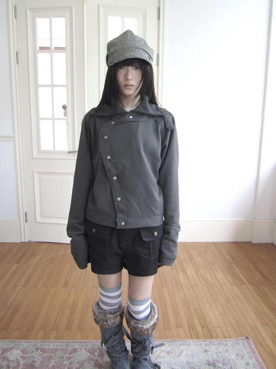 ang project Loose Fit Reverse Stitch Diagonal Button Korean Women&