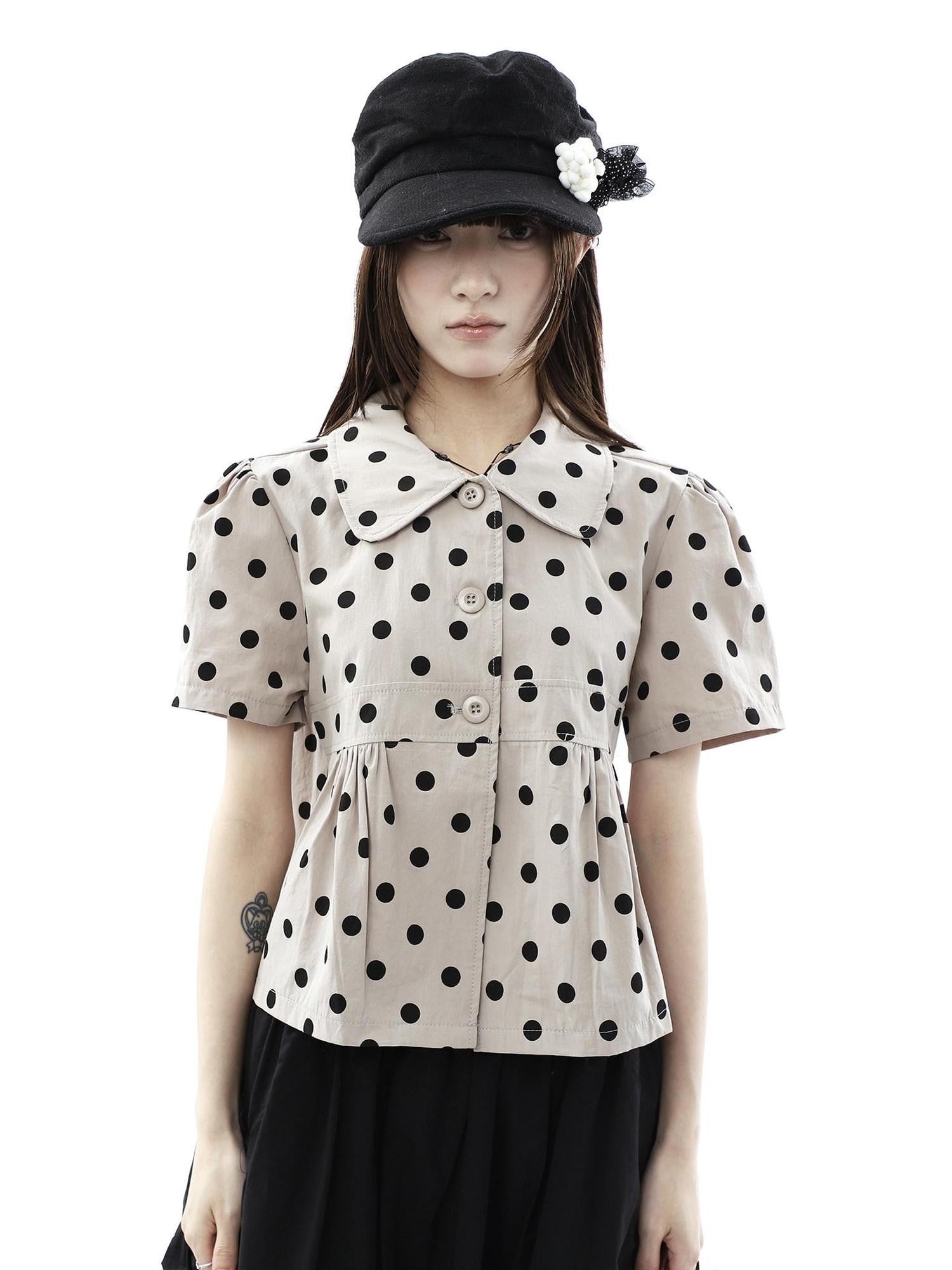 ang project Milk Tea Polka Dot Turn Down Collar Three Button Women&
