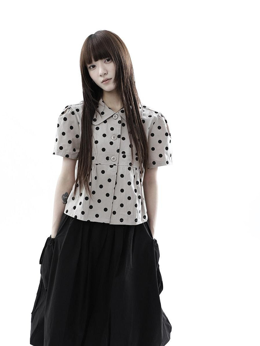 ang project Milk Tea Polka Dot Turn Down Collar Three Button Women&
