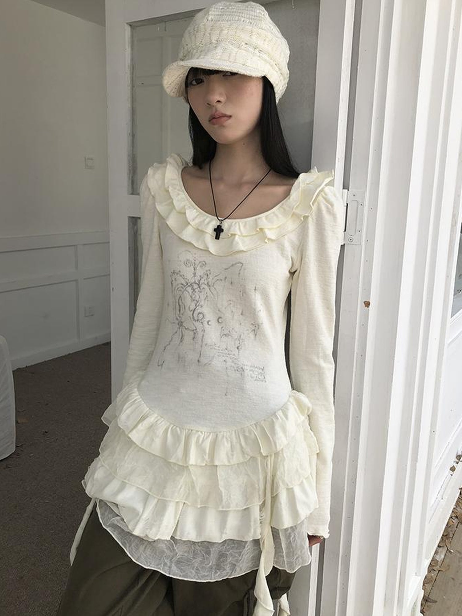 ang project Millennium Retro Niche Print Midi Hem Ruffle Sleeve Dress Tee Top