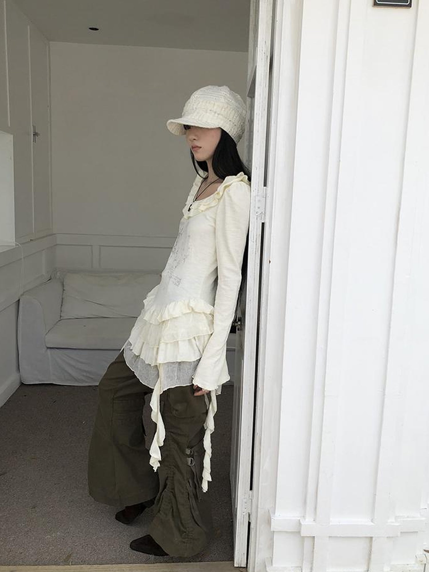 ang project Millennium Retro Niche Print Midi Hem Ruffle Sleeve Dress Tee Top