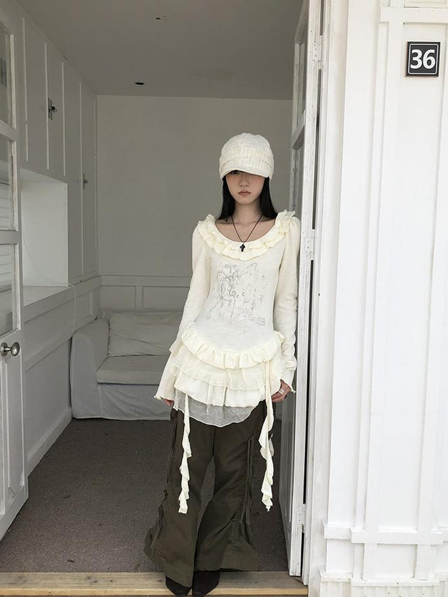 ang project Millennium Retro Niche Print Midi Hem Ruffle Sleeve Dress Tee Top