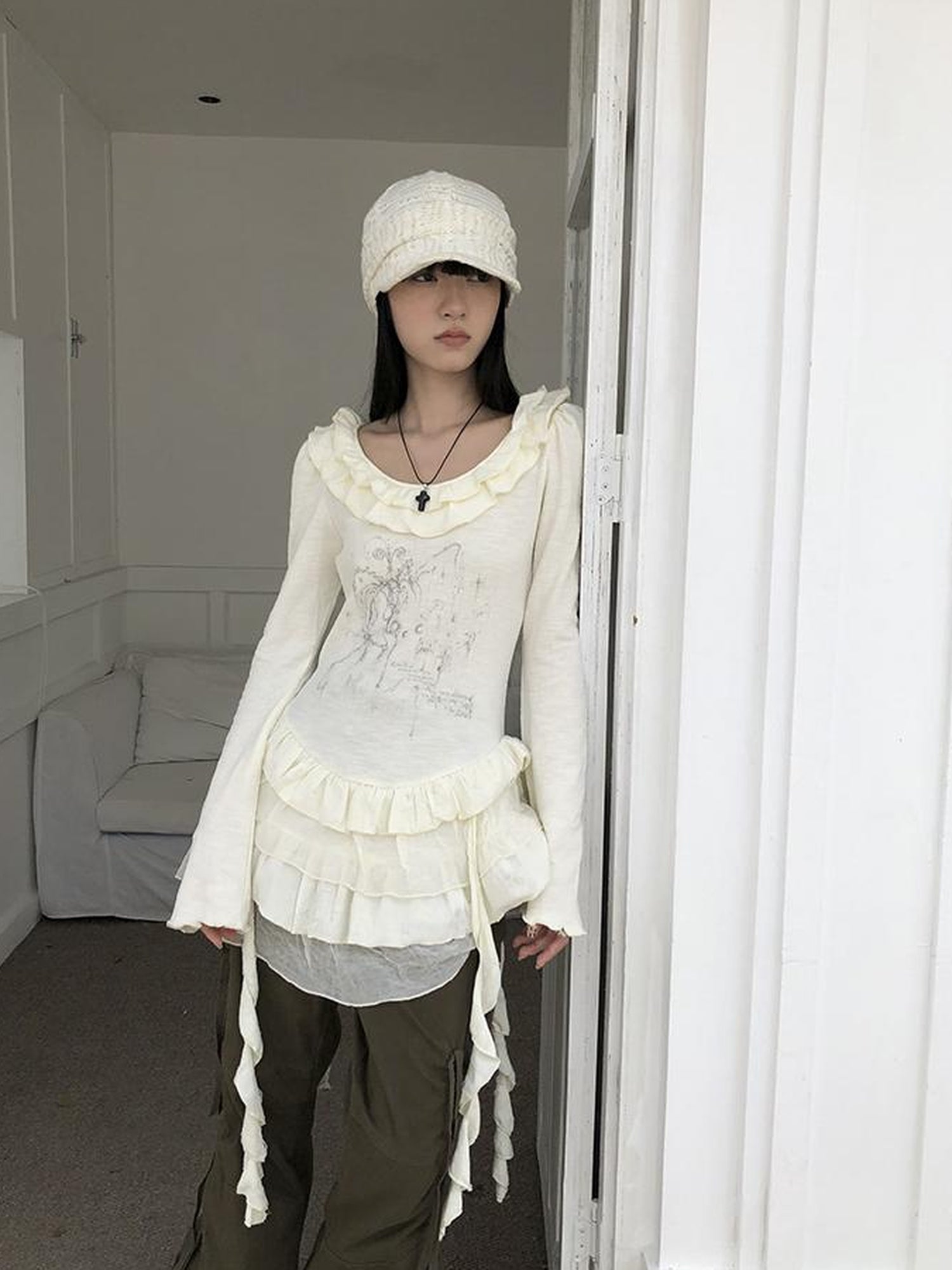 ang project Millennium Retro Niche Print Midi Hem Ruffle Sleeve Dress Tee Top