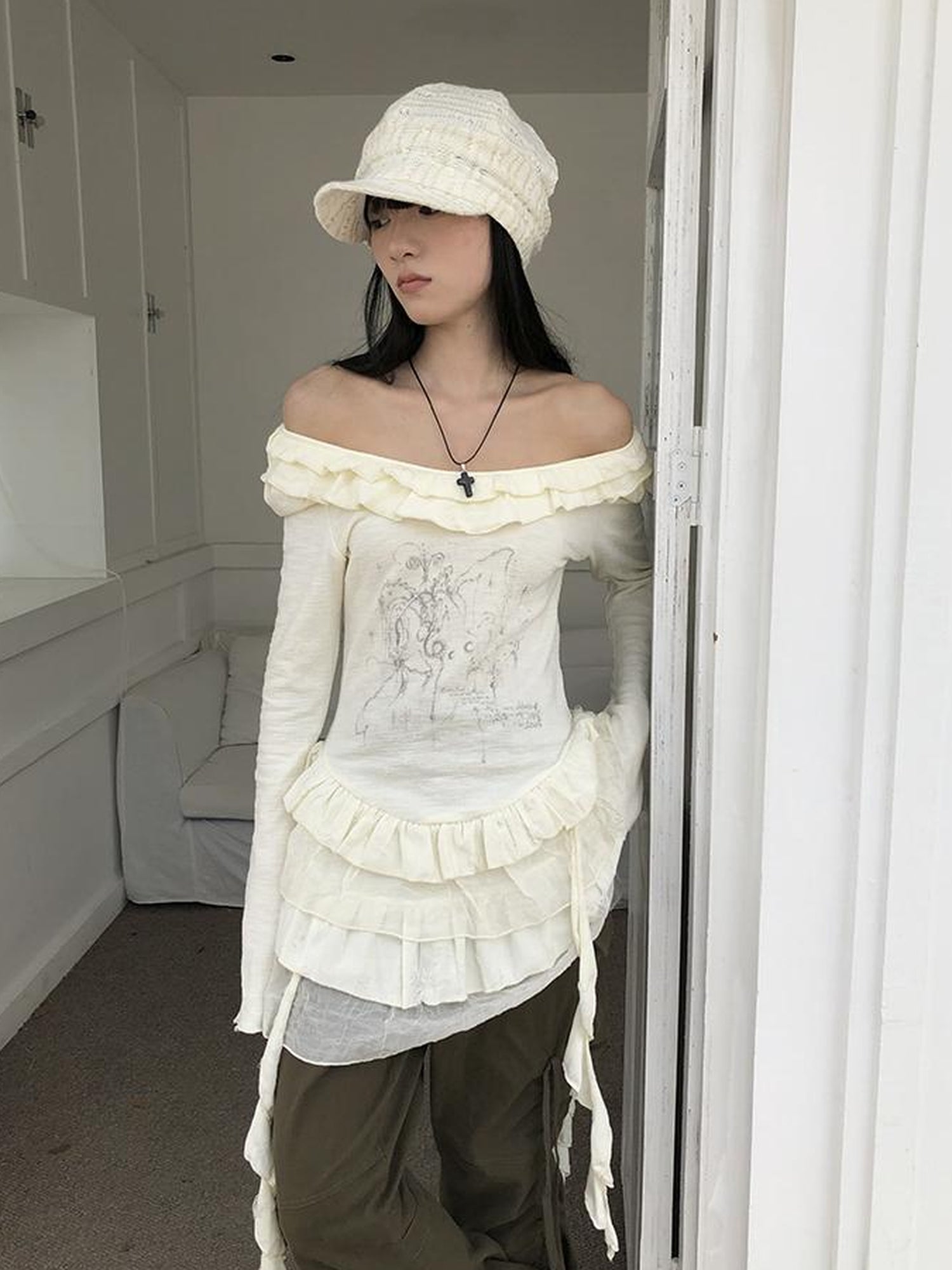 ang project Millennium Retro Niche Print Midi Hem Ruffle Sleeve Dress Tee Top