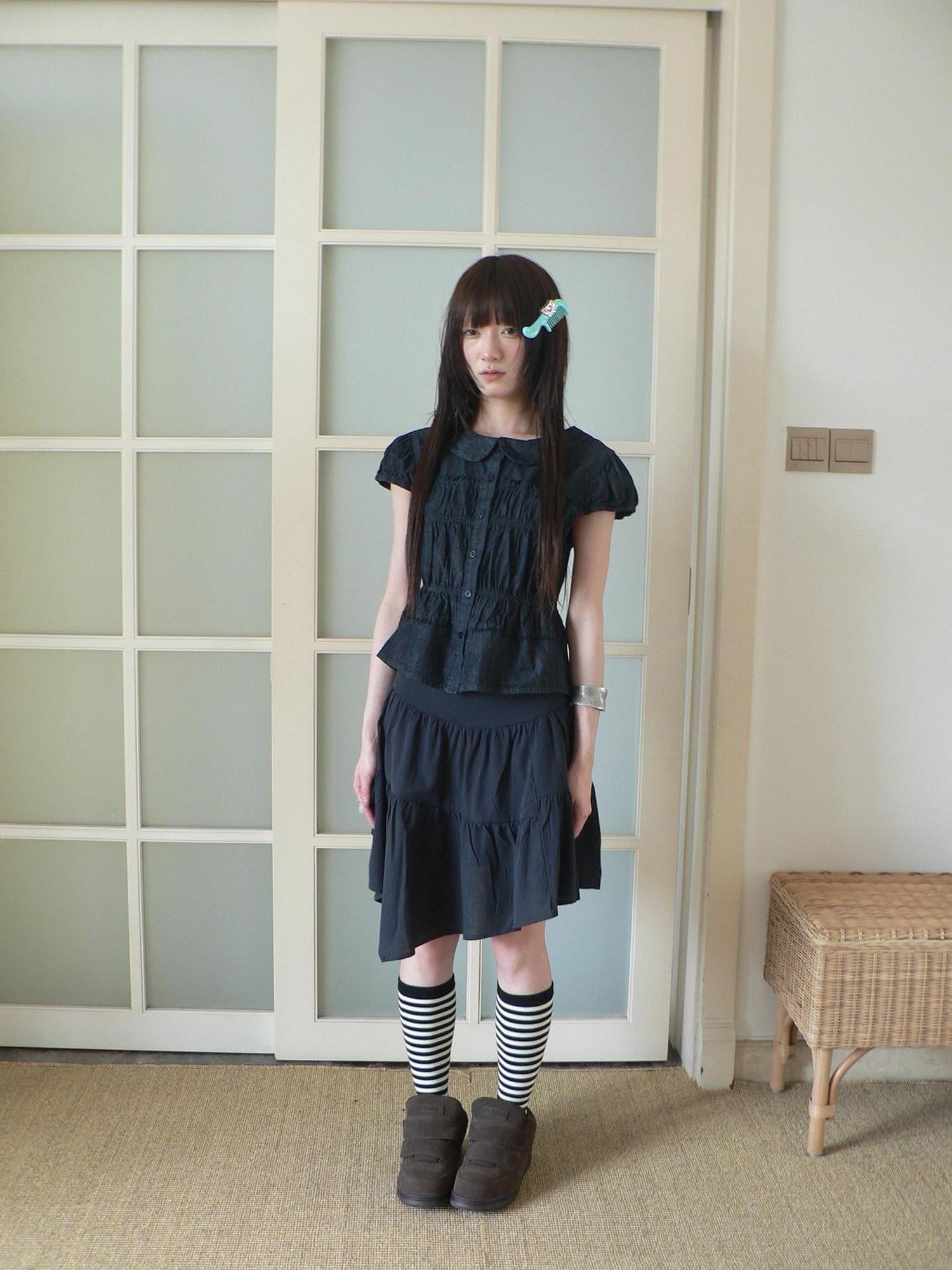 ang project Navy Pleated Doll Collar Puff Sleeve Women&