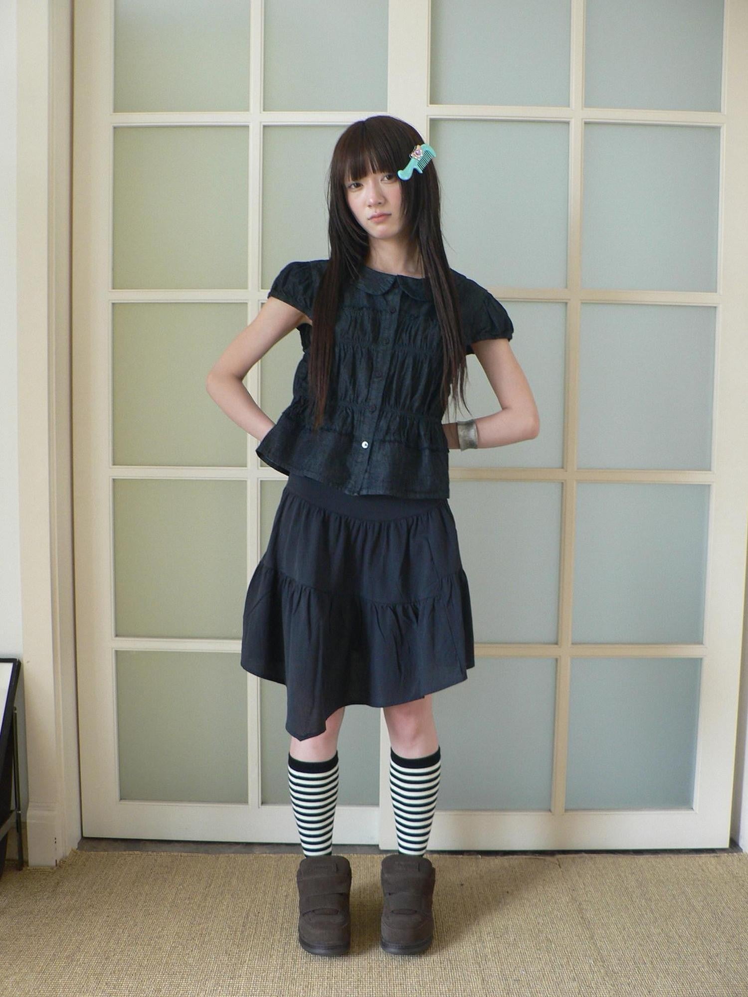 ang project Navy Pleated Doll Collar Puff Sleeve Women&