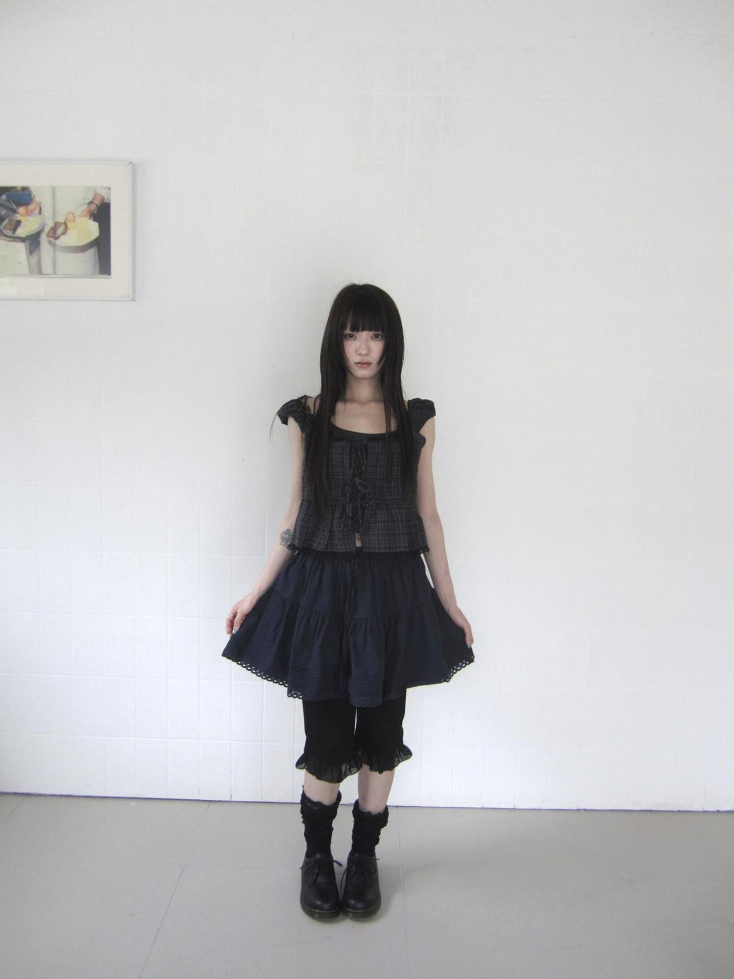 ang project Navy Pleated Lace Spliced Women&