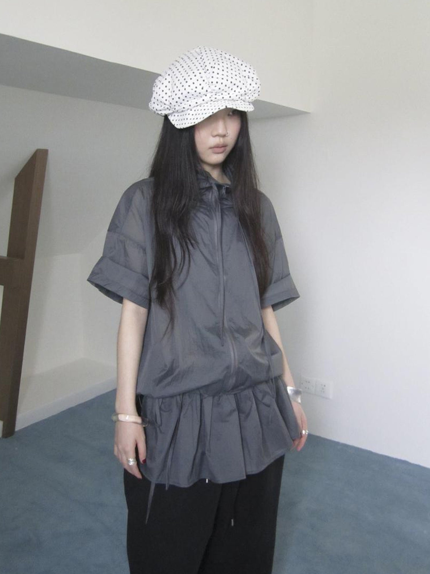 Updateang project New Korean Functional Thin Layer Hem Hip Curtain Short Sleeve T-shirt Two-Piece Set