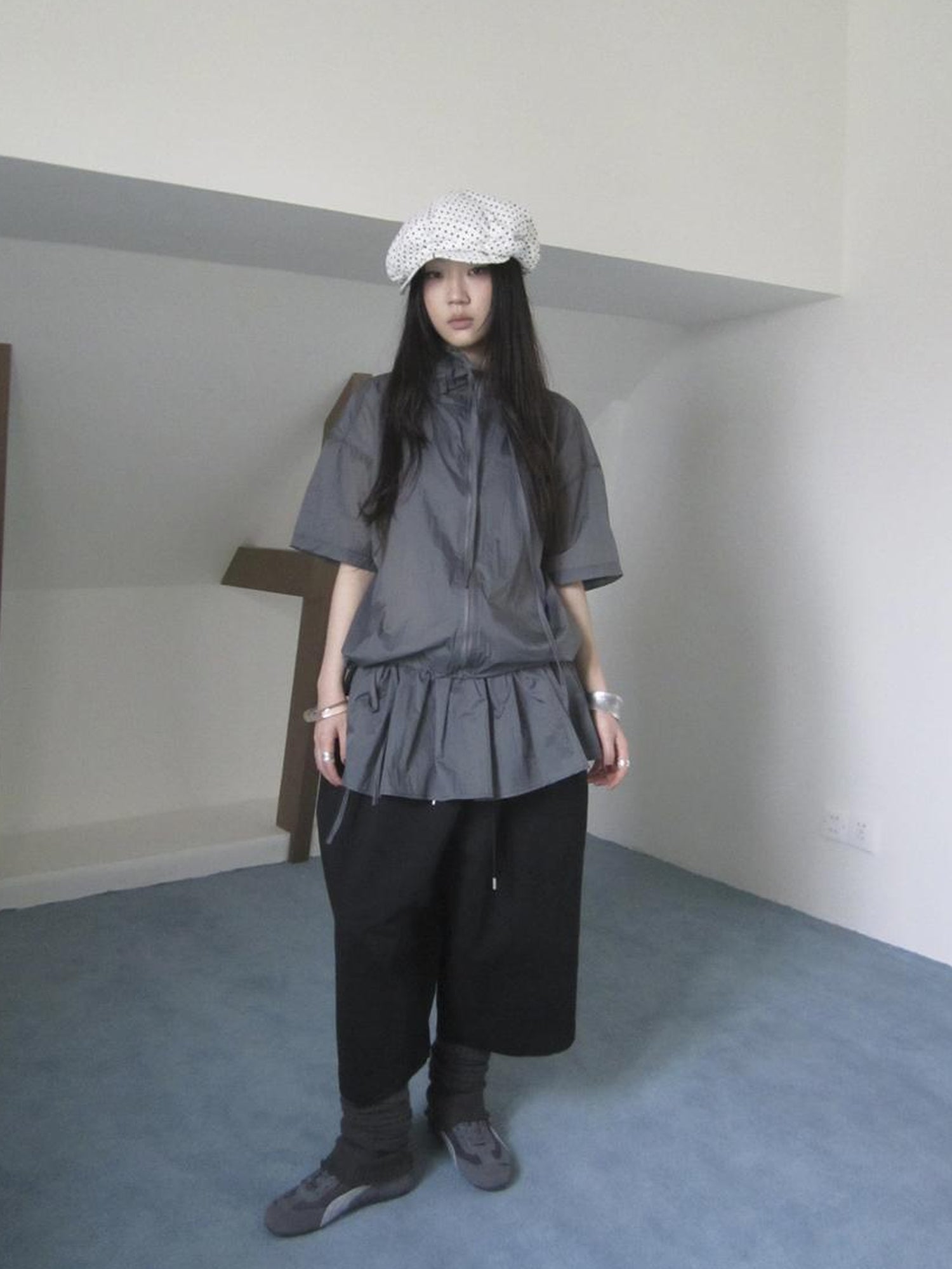 Updateang project New Korean Functional Thin Layer Hem Hip Curtain Short Sleeve T-shirt Two-Piece Set