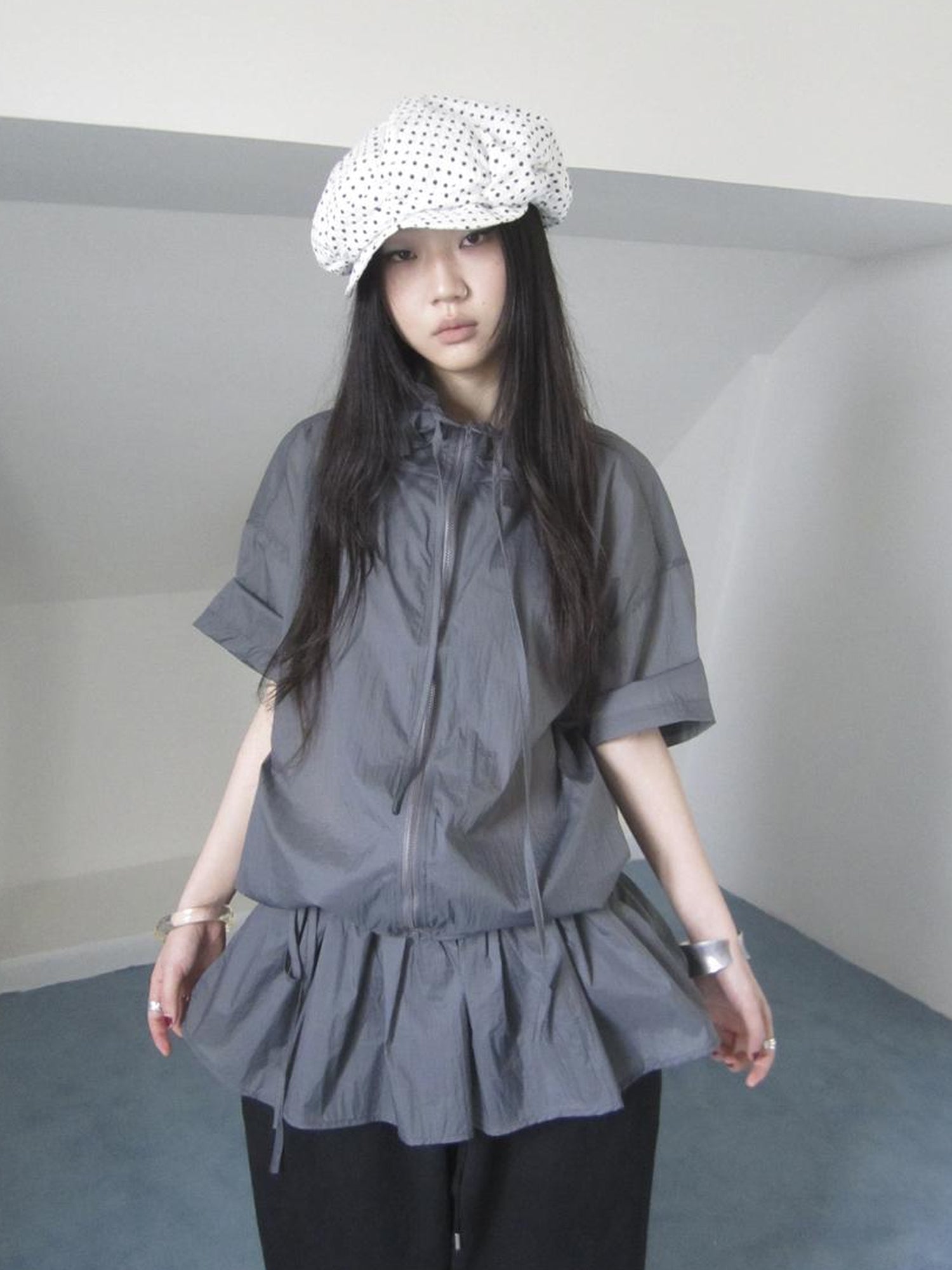 Updateang project New Korean Functional Thin Layer Hem Hip Curtain Short Sleeve T-shirt Two-Piece Set