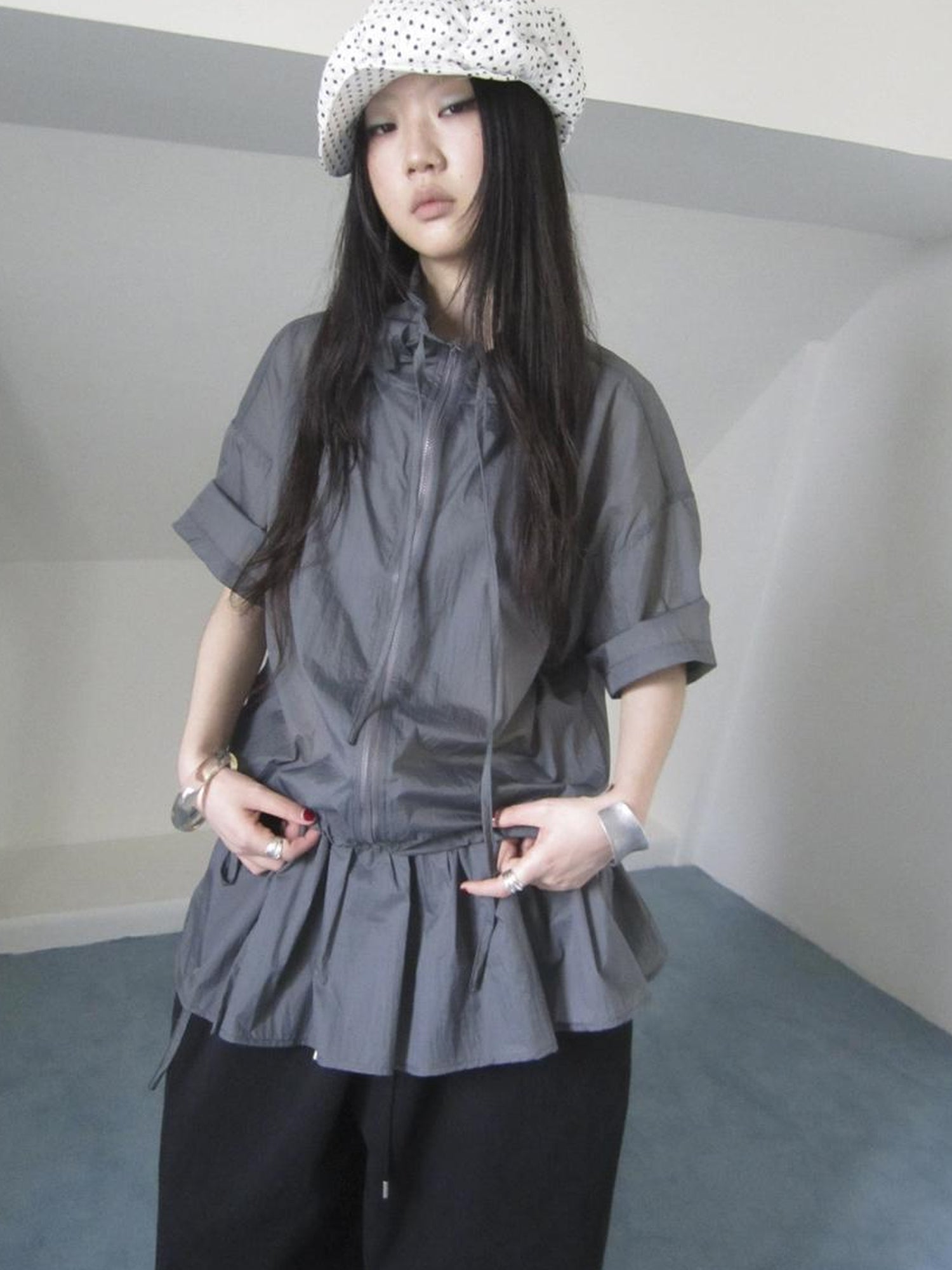 Updateang project New Korean Functional Thin Layer Hem Hip Curtain Short Sleeve T-shirt Two-Piece Set