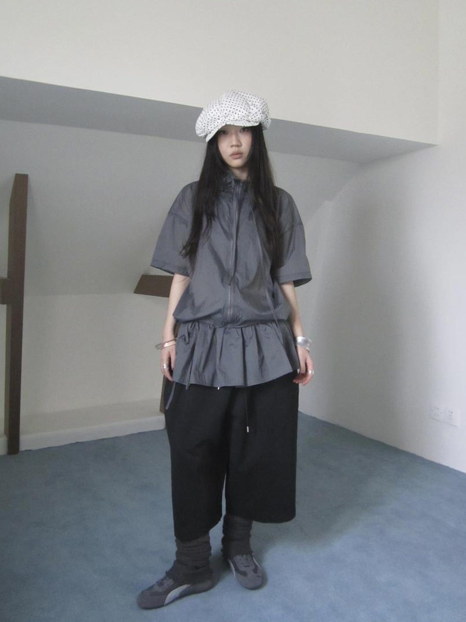 Updateang project New Korean Functional Thin Layer Hem Hip Curtain Short Sleeve T-shirt Two-Piece Set