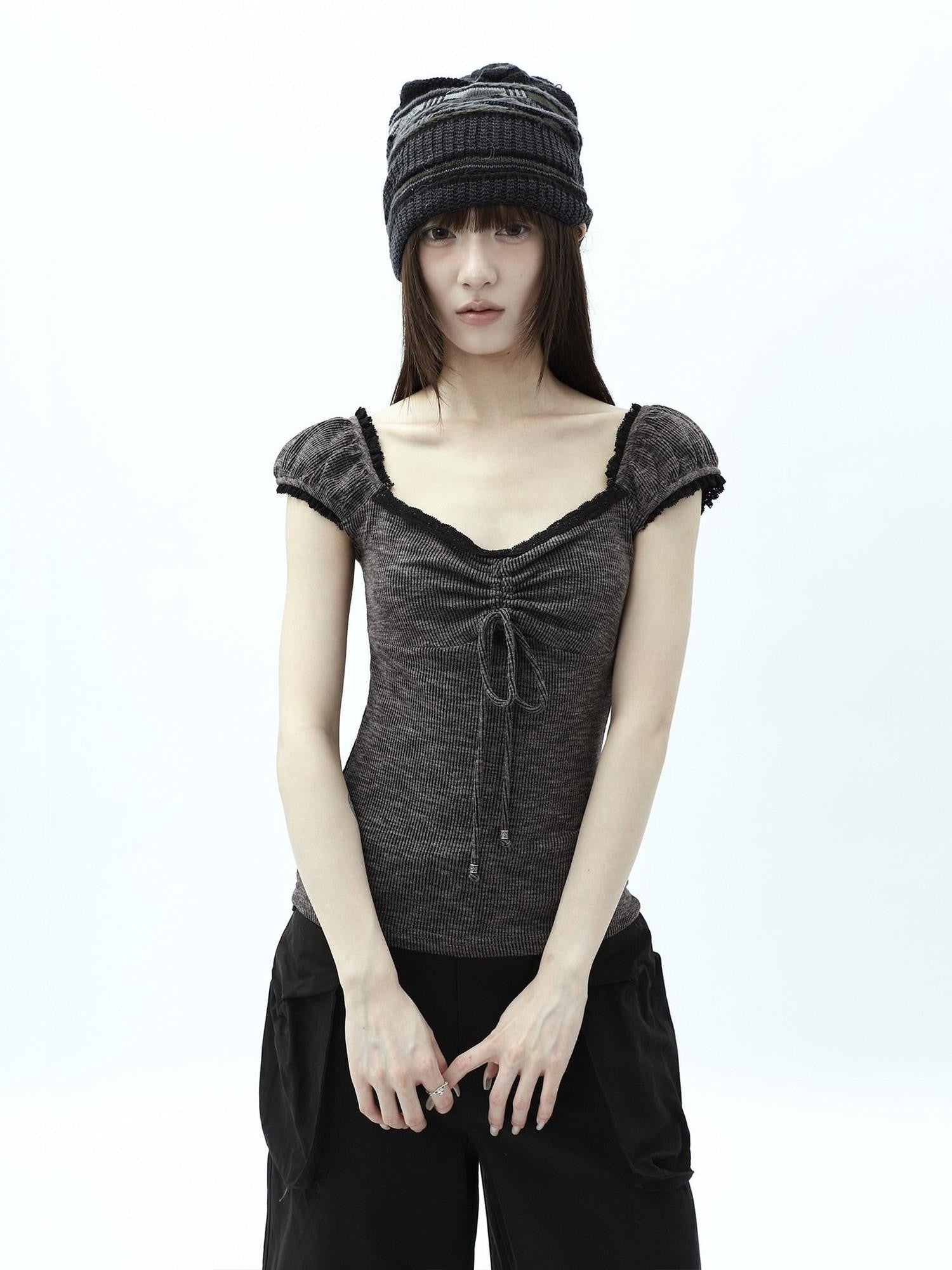 ang project Oatmeal Lace Spliced Pleated Puff Tie Women&