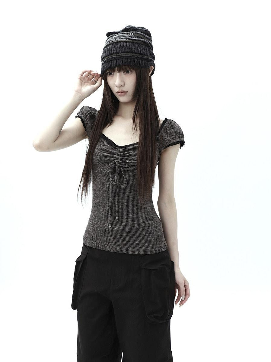 ang project Oatmeal Lace Spliced Pleated Puff Tie Women&