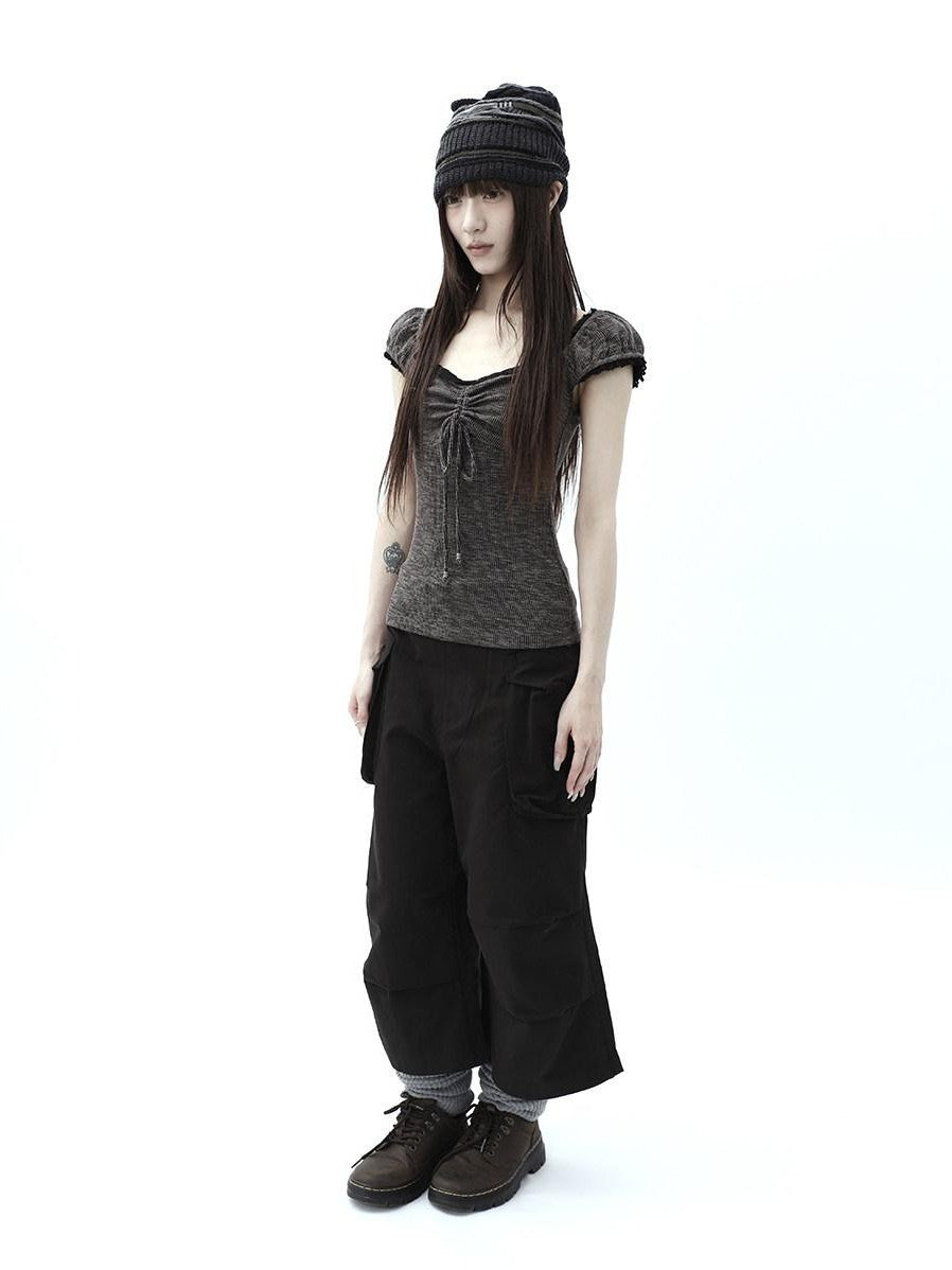 ang project Oatmeal Lace Spliced Pleated Puff Tie Women&