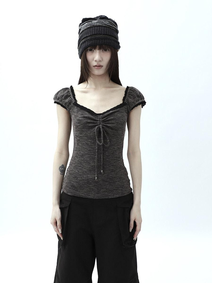 ang project Oatmeal Lace Spliced Pleated Puff Tie Women&