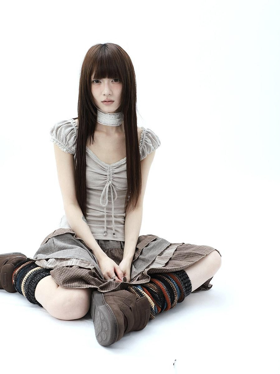 ang project Oatmeal Lace Spliced Pleated Puff Tie Women&