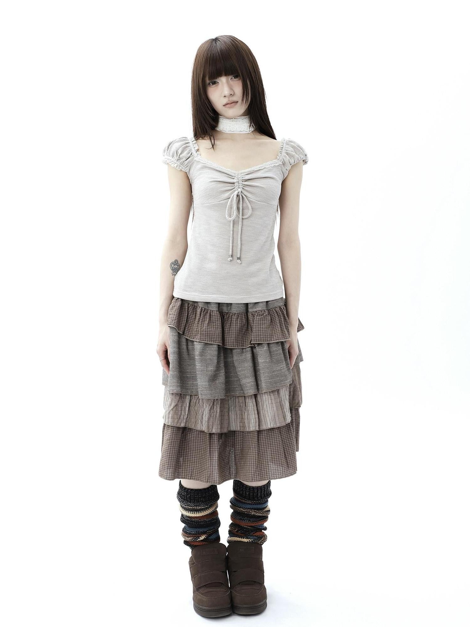 ang project Oatmeal Lace Spliced Pleated Puff Tie Women&