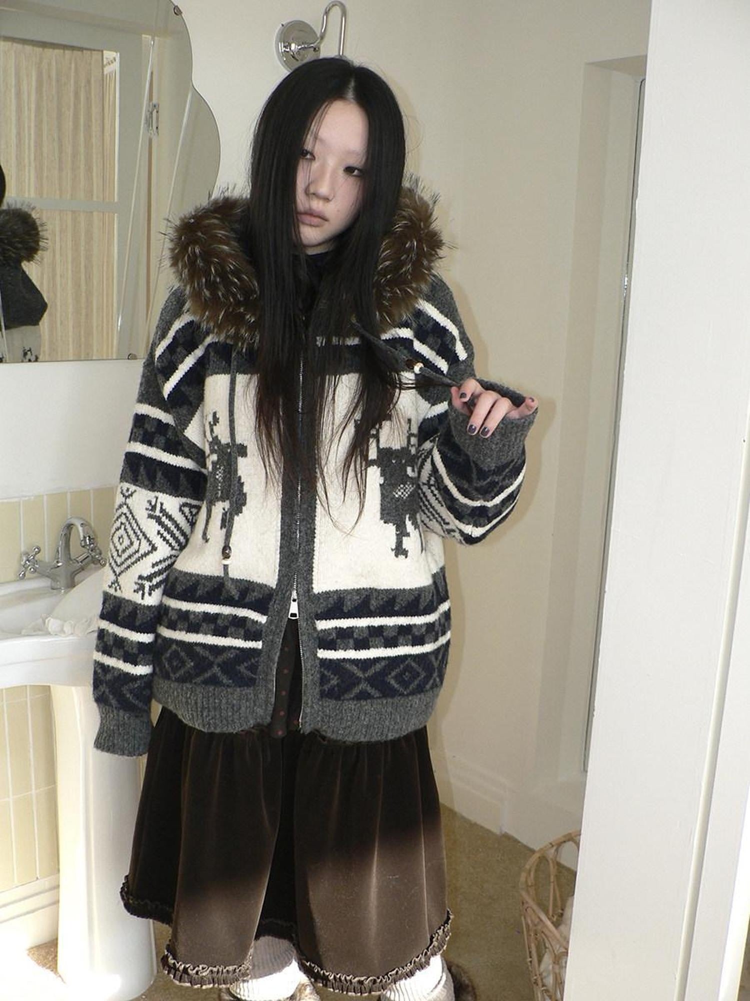ang project Online Exclusive Vintage Loose Fit Hooded Striped Print Cropped Zip Women Jacket