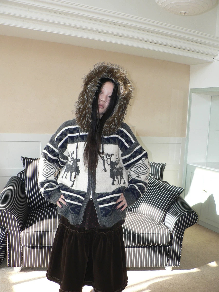 ang project Online Exclusive Vintage Loose Fit Hooded Striped Print Cropped Zip Women Jacket
