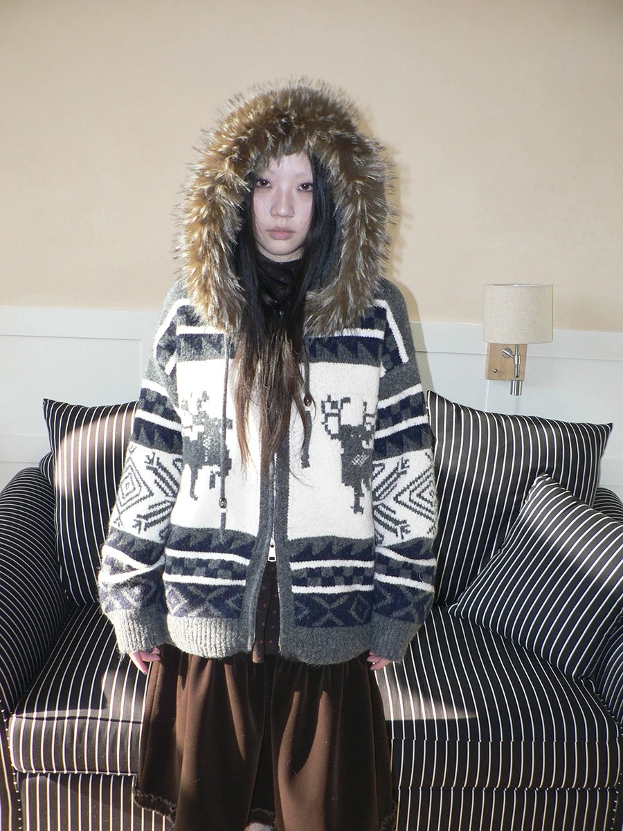 ang project Online Exclusive Vintage Loose Fit Hooded Striped Print Cropped Zip Women Jacket